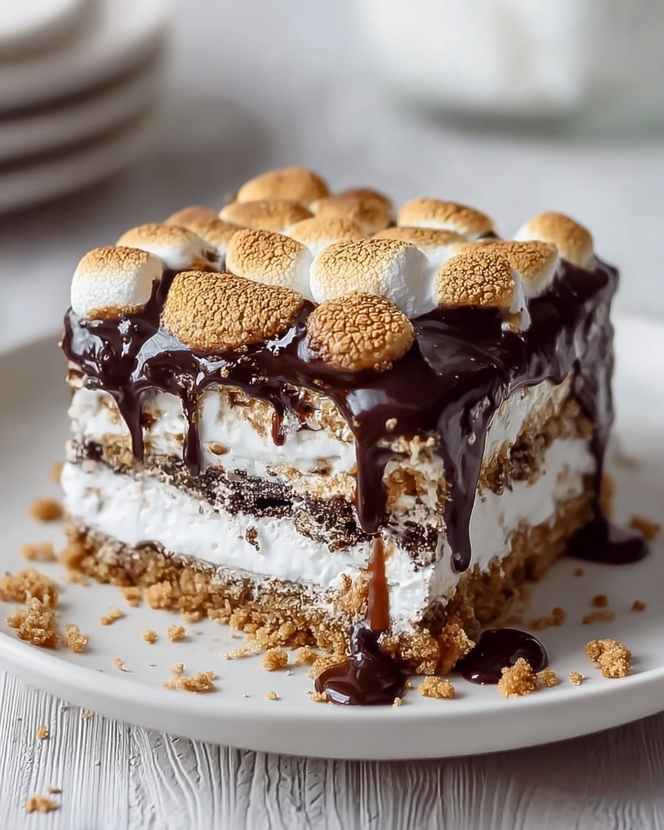 The image shows a square slice of layered dessert on a white plate with a white marbled texture underneath. The dessert has four distinct layers: a crumbly light brown base, a thick white creamy layer above it, followed by a thin dark brown layer mixed with crumbs, and topped with a fluffy, toasted golden brown marshmallow layer. Rich dark chocolate sauce is drizzled generously over the top, dripping down the sides onto the plate and mixing with some crumbs around the base, creating a glossy, textured look. The background has blurred utensils and another similar dessert on a white plate. Photo taken with an iphone --ar 4:5 --v 7