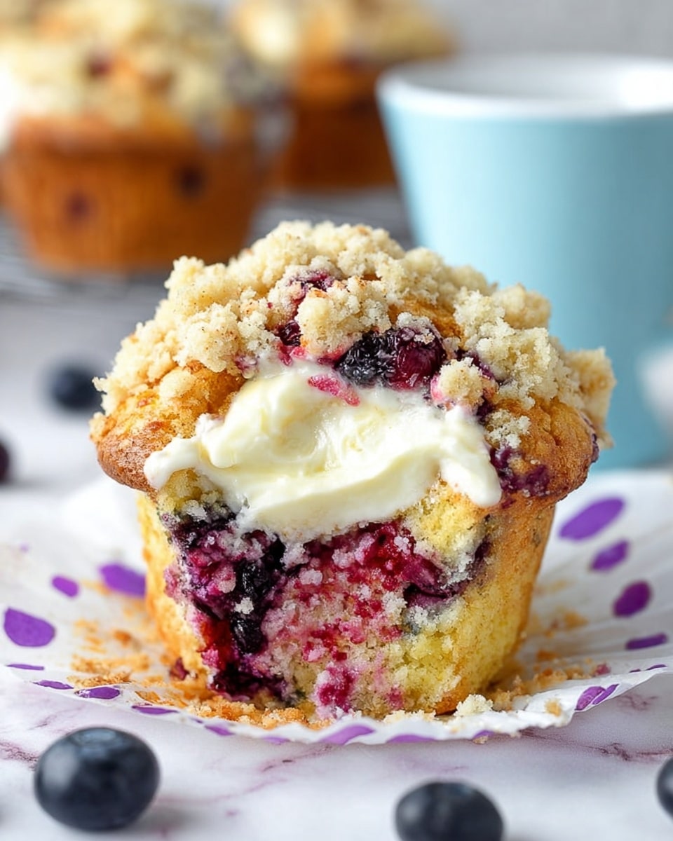 The image shows a single muffin with a crumb topping, revealing its inside where a creamy white filling is visible. The muffin's base layer is a golden cake embedded with dark purple blueberries and red berries, while the top is uneven with chunky golden crumbs mixed with more berries, creating a vibrant mix of red, purple, and yellow. The muffin sits on unwrapped white paper with some purple stains, placed on a white marbled surface. In the background, there is a blurry light blue mug and another muffin, along with scattered blueberries around the scene. Photo taken with an iphone --ar 4:5 --v 7