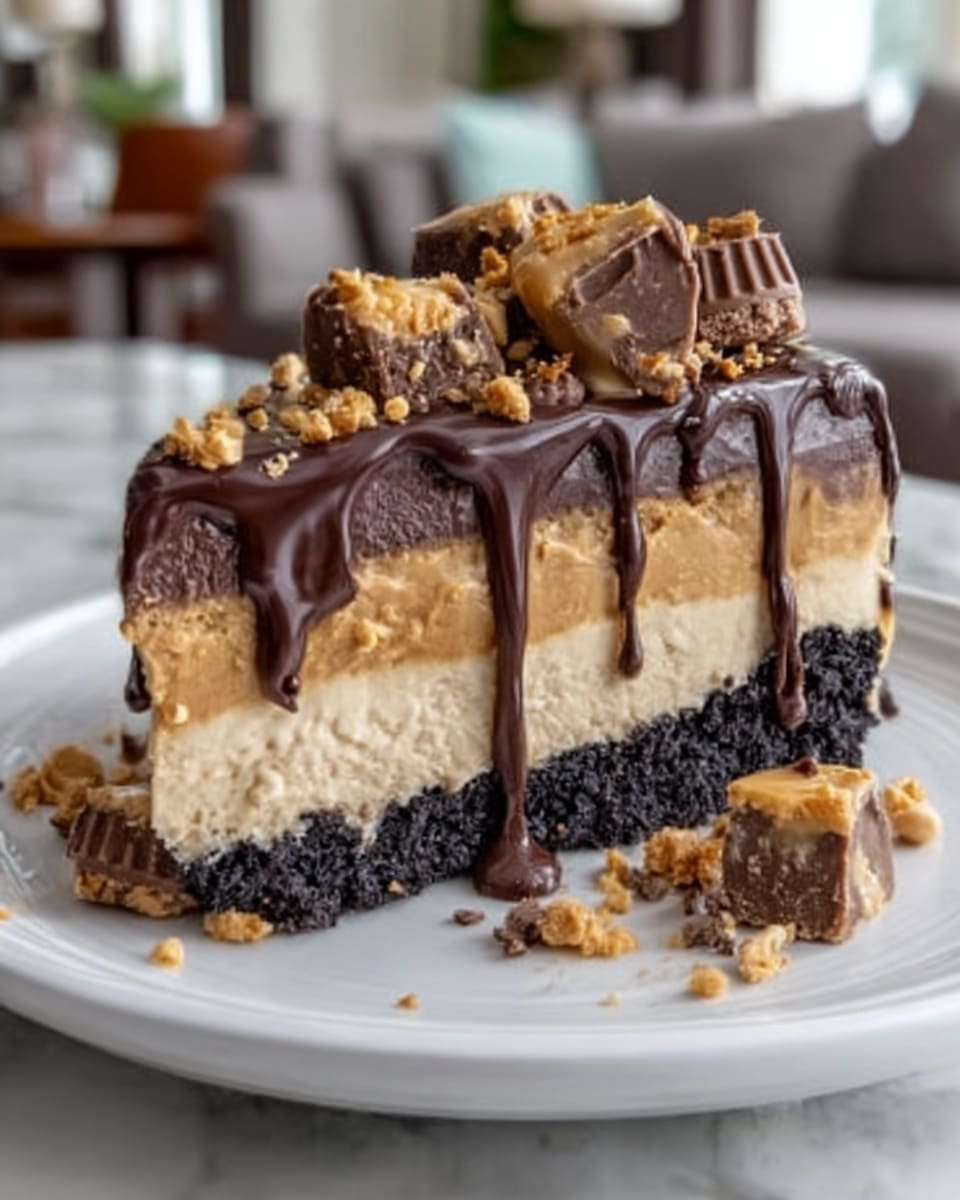 A slice of dessert with three clear layers is shown on a white plate, placed on a white marbled surface. The bottom layer is a dark, crumbly cookie crust. Above that is a light, creamy beige layer, likely peanut butter or cheesecake, with a smooth texture. The top layer is a thick, glossy dark chocolate ganache that drips down the sides. The top of the slice is covered with pieces of peanut butter cups, small cookie chunks, and bits of nuts, creating a rough and textured look. Photo taken with an iphone --ar 4:5 --v 7