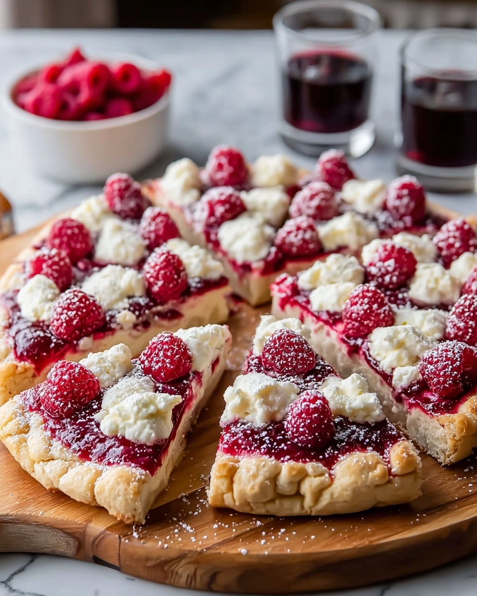 The image shows a round dessert sliced into eight pieces on a wooden board. The base layer is a thick, golden-brown crust with a slightly puffed texture. On top of the crust is a bright red layer of raspberry sauce spread evenly. The next layer consists of dollops of white creamy cheese placed generously all over the surface. Fresh red raspberries are scattered across the dessert, some nestled in the cheese and sauce, giving a vibrant pop of color. A dusting of white powdered sugar lightly covers the whole dessert, adding a delicate finish. In the background, there are two small clear glasses filled with a dark red liquid and a white bowl, all set on a white marbled surface. Photo taken with an iphone --ar 4:5 --v 7