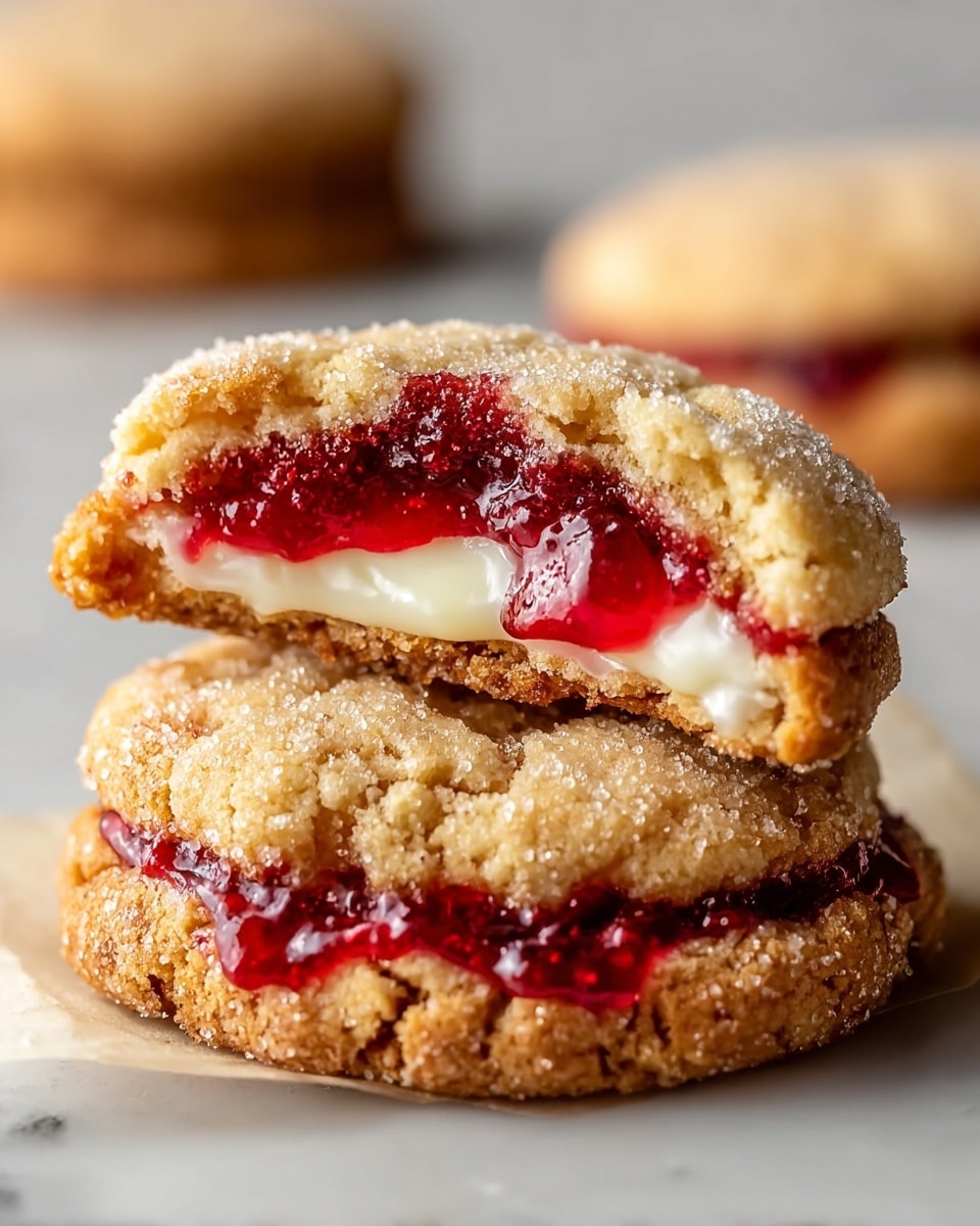 The image shows two close-up crumbly cookies stacked on a white marbled surface, each cookie broken in half to reveal a glossy, deep red jelly layer and a creamy white filling inside. The outer cookie layers are golden-brown and rough-textured with granules of sugar visible on top, while the inside layers show a soft, moist crumb. The rich jelly oozes slightly out of the cookies, giving a juicy and fresh look, and the creamy filling contrasts smoothly with the jelly. In the back, one whole cookie blurred softly on the same white marbled surface adds depth to the image. photo taken with an iphone --ar 4:5 --v 7
