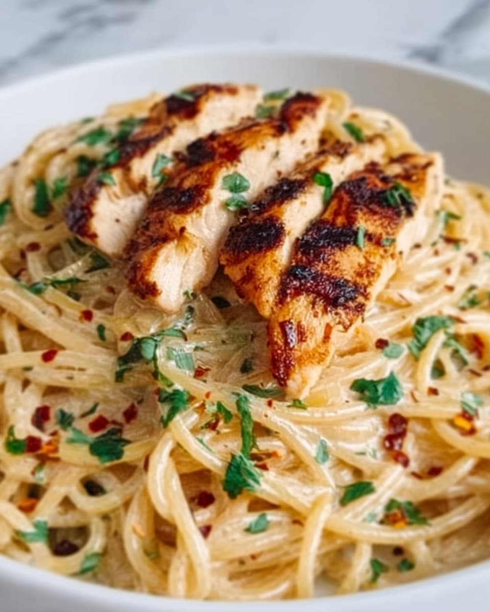 The image shows a white plate filled with creamy spaghetti pasta with a smooth, shiny texture. On top, there are three pieces of grilled chicken with a golden brown, slightly charred surface, arranged neatly in a row. Some green herbs are sprinkled over the chicken and pasta, adding a touch of color. Small red flakes are scattered around the dish, likely chili flakes or seasoning. The plate is set on a white marbled surface. Photo taken with an iphone --ar 4:5 --v 7
