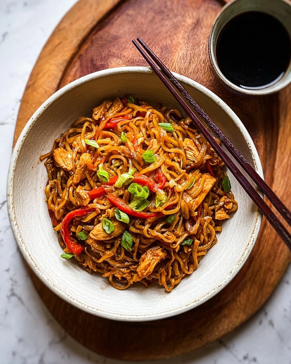 A white bowl sits on a wooden board filled with a single layer of stir-fried noodles, which are a warm brown color, mixed with pieces of cooked chicken that are light tan. Scattered throughout the noodles are thin slices of red bell pepper and green onions, adding bright red and green pops of color. Dark brown wooden chopsticks rest on the edge of the bowl. In the top right corner of the image, there is a small white bowl filled with dark soy sauce. The scene is set on a white marbled texture background. photo taken with an iphone --ar 4:5 --v 7