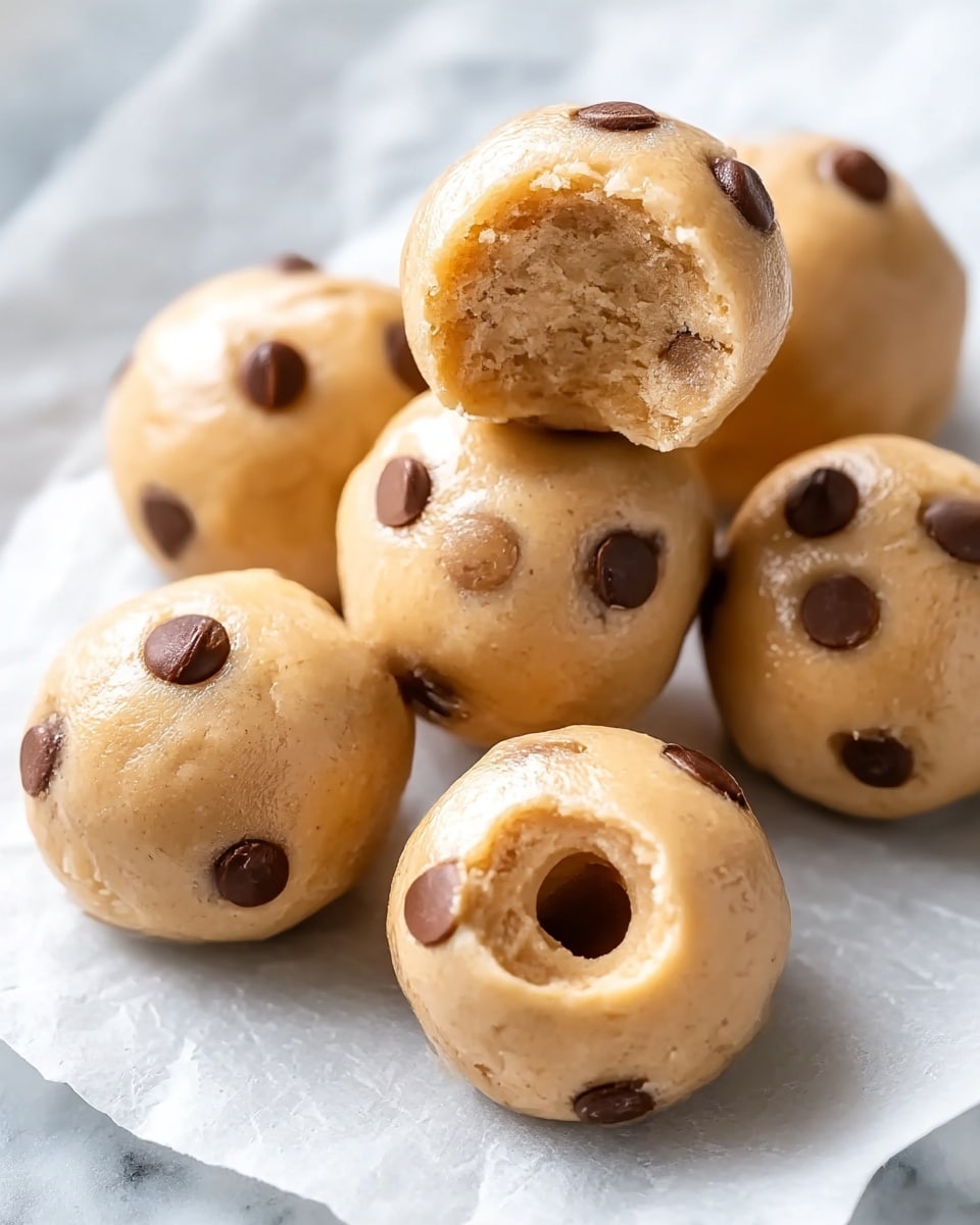 A close-up image of several round cookie dough balls with chocolate chips embedded on their surfaces. The dough balls are light beige with small dark specks, showing a smooth and slightly shiny texture. One dough ball is cut open and placed on top of two whole dough balls, revealing a soft and crumbly interior with visible chocolate chips inside. The dough balls rest on white parchment paper, all set on a white marbled-textured surface. The background is softly blurred with more dough balls out of focus. Photo taken with an iphone --ar 4:5 --v 7