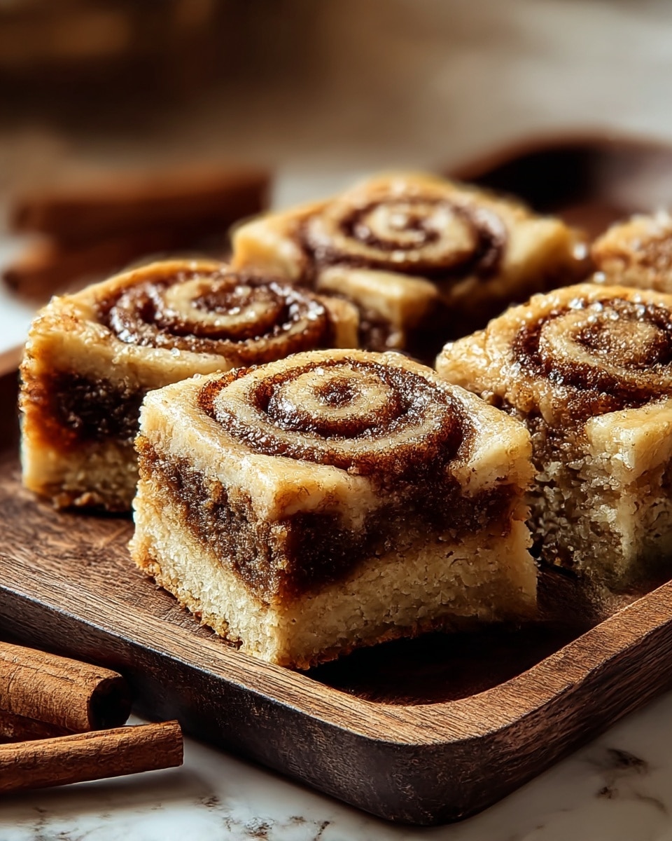 The image shows four square cinnamon roll bars closely placed on a dark wooden tray. Each bar has two distinct layers: the bottom layer is dense and dark brown with a crumbly texture, showing the cinnamon filling, while the top layer is a lighter golden-brown dough with a soft, slightly spongy look. On top of each bar, there is a small cinnamon spiral pattern in the center, darker in color and slightly glossy. The bars look moist and fresh, with a subtle sugary shine on the surface. Next to the tray, there are a few cinnamon sticks adding a rustic touch. The background is softly blurred with warm tones and a white marbled texture beneath the tray. photo taken with an iphone --ar 4:5 --v 7