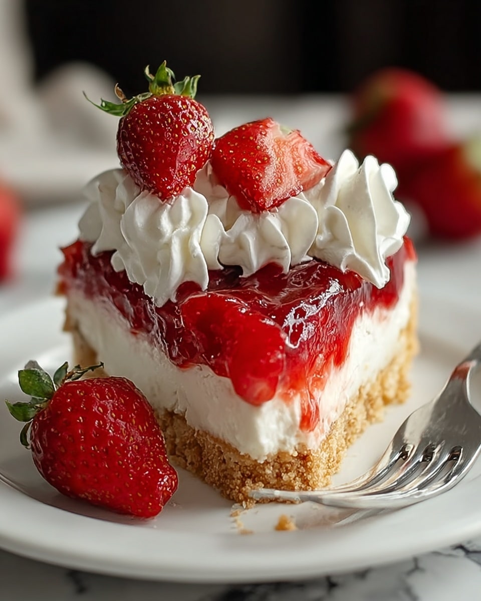 The image shows a slice of strawberry cheesecake with four clear layers, sitting on a white plate. The bottom layer is a crumbly brown crust. Above that is a thick, smooth, white cream cheese layer. On top of the cream cheese is a shiny, red strawberry jam layer that slightly drips down the sides. The fourth layer has puffs of white whipped cream scattered on top, with fresh whole strawberries placed over the cream, one cut in half to show its bright red inside dusted with a light white powder. A whole strawberry lies on the plate next to the slice, and a metal fork sits on the right edge of the plate. The plate rests on a surface with a white marbled texture. photo taken with an iphone --ar 4:5 --v 7