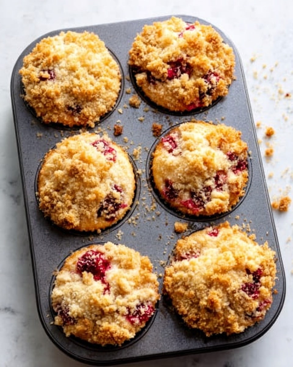 A top-down view of six golden brown muffins with a crumbly texture, placed inside a dark muffin tray. Each muffin is topped with a rough, crumbly layer that is light brown with bits of red fruit peeking through, creating a contrast between the crumb and the baked fruit pieces. The tray sits on a white marbled surface, adding a clean and bright background to the image. Photo taken with an iphone --ar 4:5 --v 7