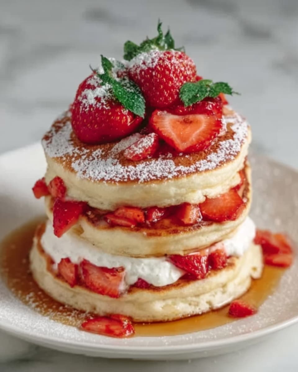 A stack of three golden-brown pancakes sits on a white plate, each pancake layer thick and fluffy. Between the bottom and middle pancake, there are bright red strawberry pieces and a layer of smooth white cream. Between the middle and top pancake, the same strawberry pieces and white cream layer are visible. On top of the stack, there are whole and sliced strawberries with a sprinkle of white powdered sugar covering the stack. Light brown syrup pools around the pancakes on the white marbled surface, and a woman's hand reaches toward the stack. Photo taken with an iphone --ar 4:5 --v 7