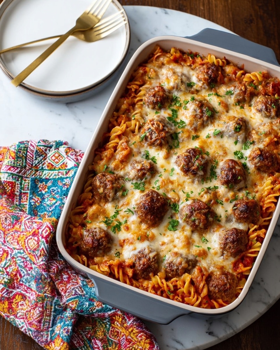 A rectangular baking dish filled with a baked pasta casserole, showing a base layer of red tomato sauce-coated spiral pasta, topped with browned, round meatballs spread evenly across the surface. The dish is covered with a melted, golden-yellow layer of cheese, slightly browned in spots, sprinkled with chopped green herbs for color. The edges of the casserole dish show some baked cheese and sauce residue. The background features a white marbled texture with a white plate holding a golden fork nearby, and a colorful cloth with patterns beside the baking dish. photo taken with an iphone --ar 4:5 --v 7