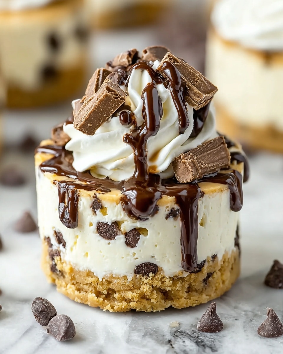 A small round cheesecake with three visible layers sits on white marbled texture. The bottom layer is a crumbly golden brown crust mixed with chocolate chips. The middle layer is creamy white cheesecake filling with chocolate chips spread inside. The top layer is a thick swirl of smooth white whipped cream. Dark chocolate sauce drips over the whipped cream and sides of the cheesecake, topped with broken chocolate pieces and whole chocolate chips. Some chocolate chips are scattered on the surface near the cheesecake. Photo taken with an iphone --ar 4:5 --v 7