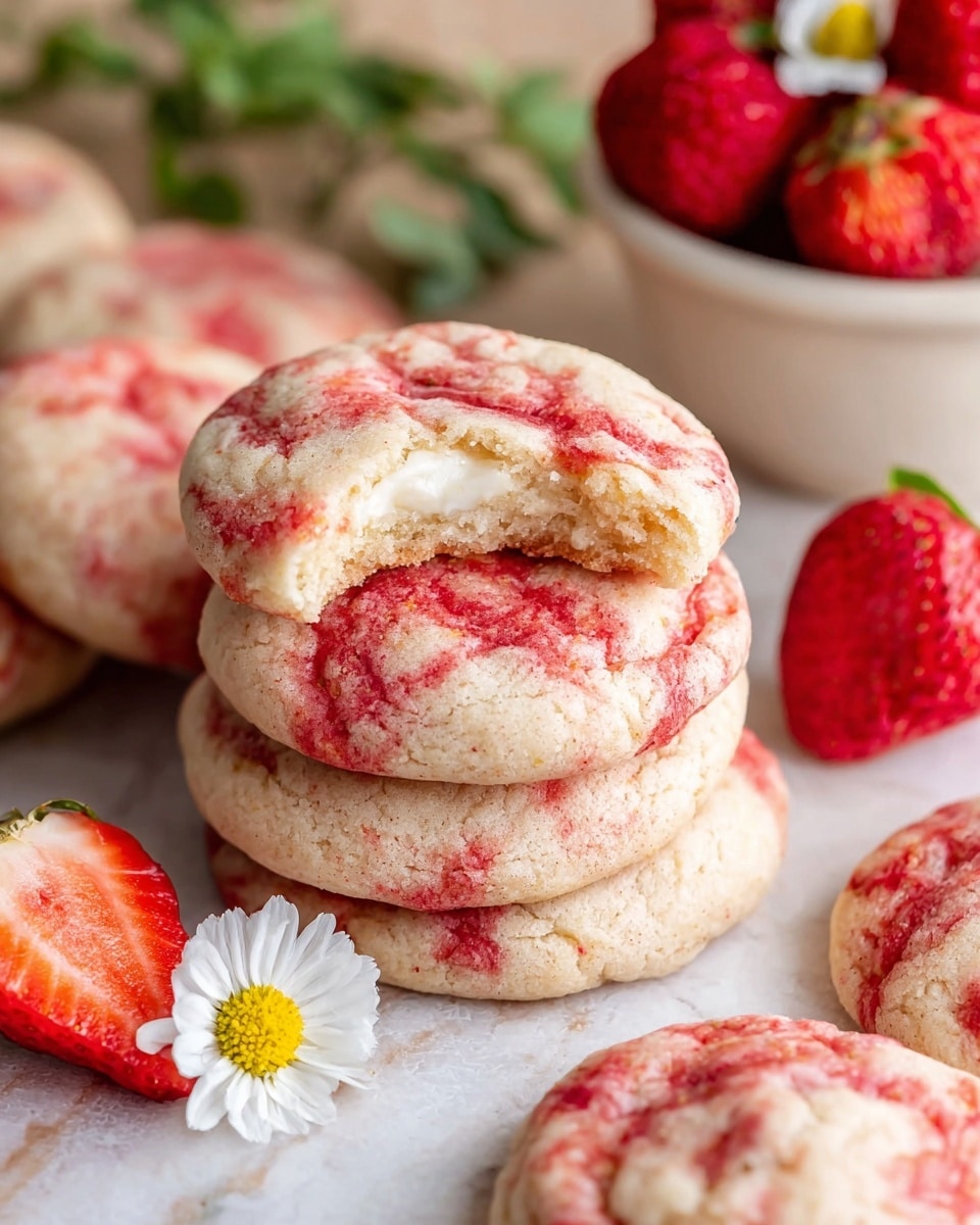 A stack of soft, round cookies with a pinkish-white color and red specks, showing a slightly crumbly texture, sits at the center. The top cookie has a bite taken out, revealing a creamy white filling inside. Around the stack, more cookies with the same look are placed flat on a white marbled surface. A few bright red whole strawberries with green leaves and a halved strawberry showing its juicy inside lie nearby, along with a small white daisy flower for decoration. In the background, part of a white bowl filled with whole strawberries is visible. photo taken with an iphone --ar 4:5 --v 7