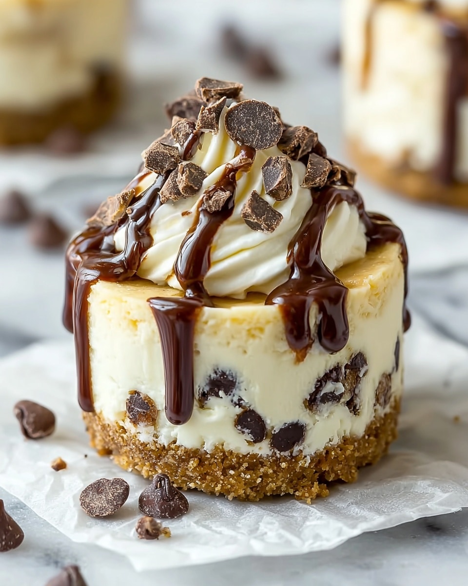 A small round dessert with three main layers sits on a white marbled surface. The bottom layer is a crumbly brown cookie crust mixed with dark chocolate chips. The middle layer is thick and creamy light beige cheesecake filled with chocolate chips, slightly rough in texture. The top layer is a swirl of white whipped cream, generously drizzled with shiny dark chocolate sauce that runs down the sides. The whipped cream is also sprinkled with large chunks of chocolate. Around the dessert, a few loose chocolate chips are scattered. photo taken with an iphone --ar 4:5 --v 7