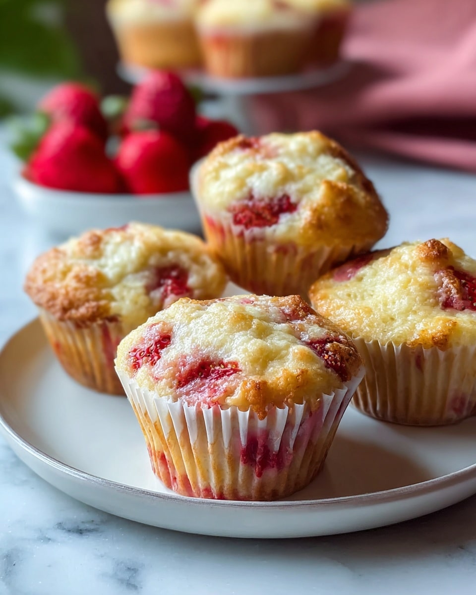 The image shows five strawberry muffins on a white plate with a soft pink tint. Each muffin has a golden-brown top with visible pieces of bright red strawberry embedded in the dough, creating red streaks along the sides. The muffins have a crinkled white paper liner around their base, and the texture on top looks soft and crumbly with small chunks of strawberries. The plate sits on a white marbled surface, with a blurred background showing more muffins and strawberries, adding depth to the scene. photo taken with an iphone --ar 4:5 --v 7