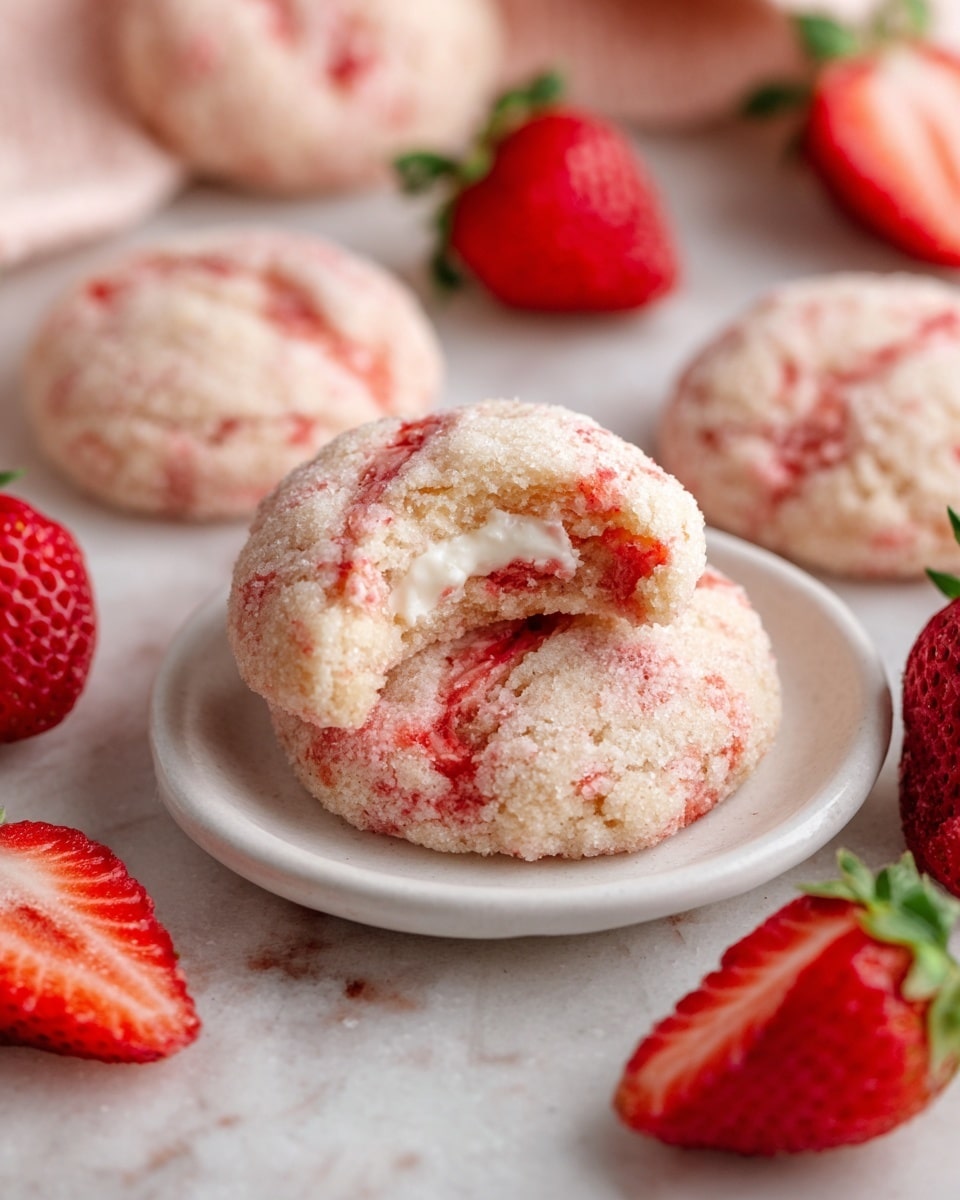 The image shows soft, round cookies with a pink and white mottled surface, placed on a small white plate on a white marbled surface. The cookie on the plate is broken open to reveal a creamy white filling inside and bits of red strawberry embedded in the dough. Around the plate, there are several whole cookies with the same pinkish texture and a few fresh, bright red strawberries, some whole and one sliced in half. The overall scene gives a fresh and sweet feeling, with a soft focus on the textures of the cookies and strawberries. photo taken with an iphone --ar 4:5 --v 7