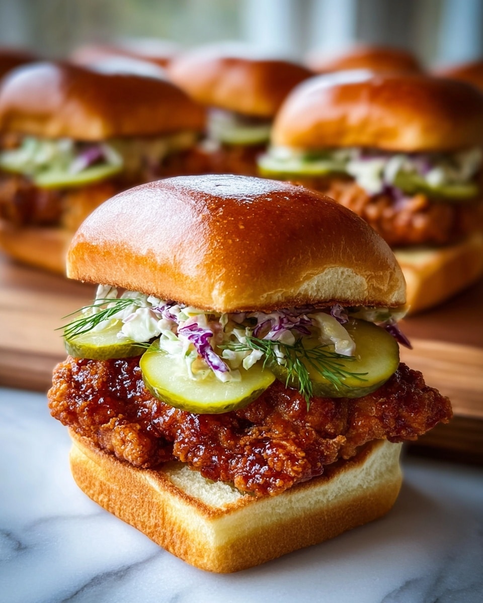 A close-up view of a sandwich with four main layers. The bottom layer is a soft, light brown square bun base. On top of this, there is a thick, crispy fried chicken piece covered in a shiny reddish-orange sauce. Above the chicken, there are three light green pickle slices with visible seeds, topped with a mix of purple and white creamy coleslaw with green dill herbs. The whole sandwich is covered with a shiny, soft, and smooth dark golden brown round bun top. The background shows similar sandwiches slightly out of focus on a white marbled texture. photo taken with an iphone --ar 4:5 --v 7