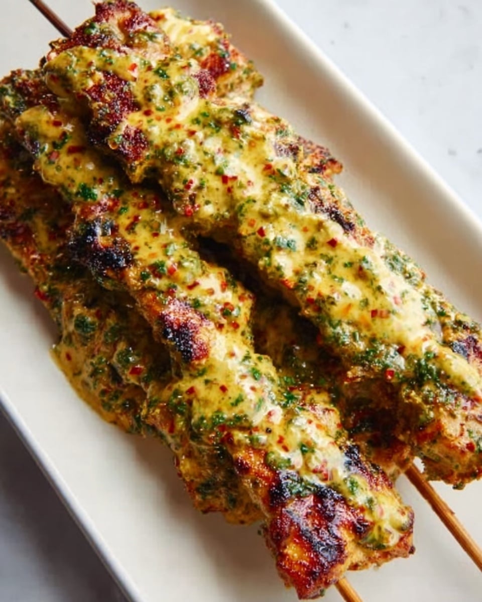Two grilled chicken skewers with a creamy yellow sauce on top are placed on a long white plate. The sauce is speckled with green herbs and red spices, creating a colorful contrast with the slightly charred, brown grilled chicken underneath. The skewers are arranged close together, showing the sauce thickly covering each piece. The background surface is a white marbled texture. Photo taken with an iphone --ar 4:5 --v 7