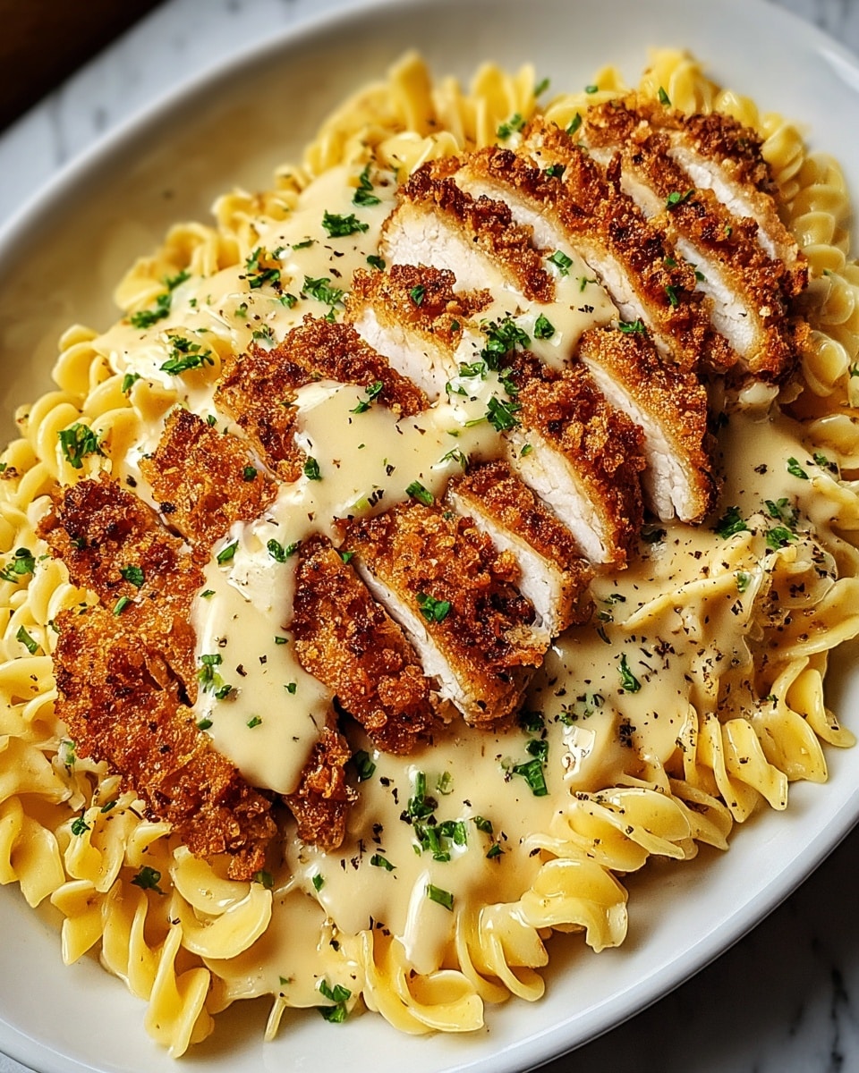 A white oval plate filled with a base layer of creamy light yellow pasta with curly edges, covered in a thick, smooth sauce. On top are five slices of golden-brown crispy breaded chicken, arranged slightly overlapping from left to right, each slice showing juicy white meat inside with a crunchy, textured crust on the outside. The chicken slices are drizzled with more creamy sauce and sprinkled with finely chopped green herbs and black pepper bits. The plate is set on a white marbled surface. photo taken with an iphone --ar 4:5 --v 7