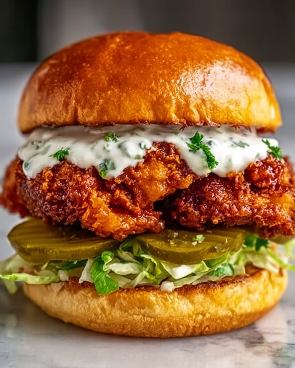 A close-up view of a fried chicken sandwich with several layers visible: at the bottom, there is a soft, golden-brown bun, topped with fresh, shredded green lettuce. Above the lettuce, thick green pickle slices add a crisp texture, followed by a large piece of crispy, golden-brown fried chicken coated in a crunchy batter. On top of the chicken, there is a thick layer of deep red sauce, which looks glossy and sticky, resembling barbecue or hot sauce, with a drizzle of white creamy sauce placed above the red sauce. The sandwich is held by a woman's hand on a white marbled surface, and the background is softly blurred. photo taken with an iphone --ar 4:5 --v 7