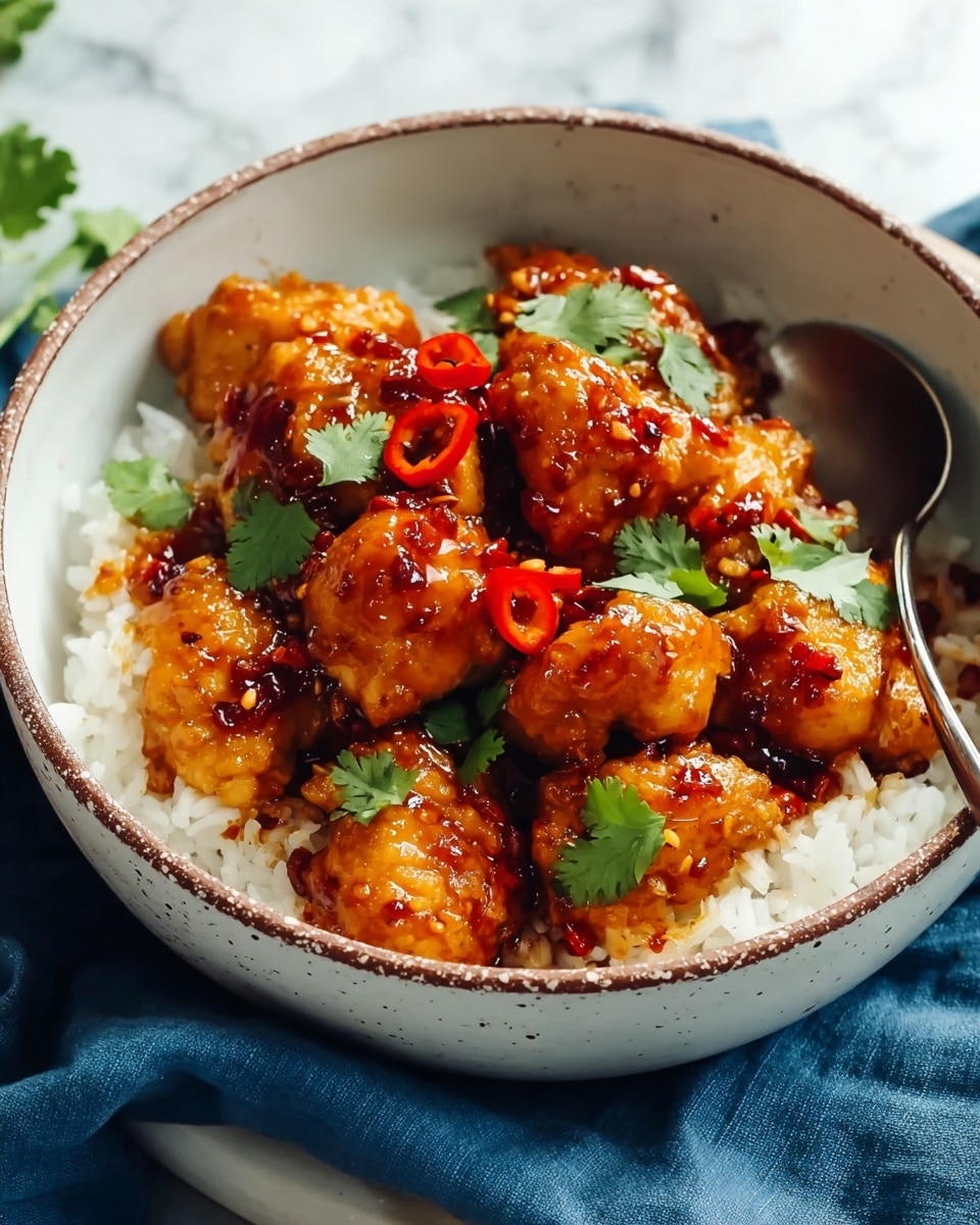 A white bowl filled with a bed of soft, white rice as the base layer, topped with several pieces of glossy, golden-brown chicken coated in a thick, shiny sauce. Thin slices of red chili peppers and small green cilantro leaves are scattered over the chicken, adding pops of bright color. The chicken pieces have a slightly crispy texture and are nestled close together. The bowl sits on a blue cloth with a white marbled background visible around it. A spoon is partially visible on the right side of the bowl. Photo taken with an iphone --ar 4:5 --v 7