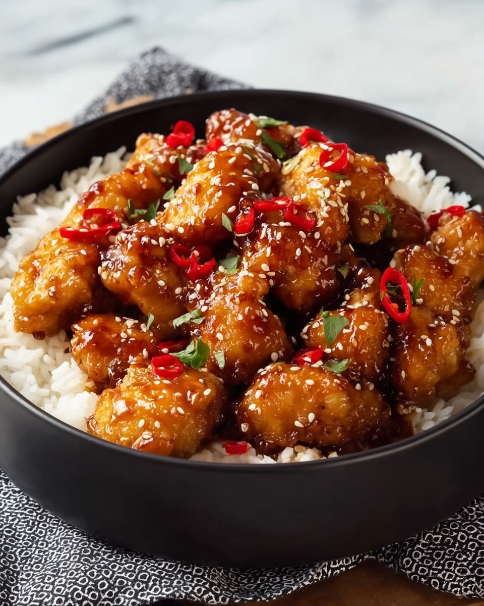 A bowl filled with two layers: the bottom layer is white cooked rice with a soft, fluffy texture, and the top layer consists of golden-brown chicken pieces coated in a shiny, thick reddish-brown sauce. The chicken pieces are glossy and sprinkled with small white sesame seeds and a few small green herb leaves. There are also slices of bright red chili peppers mixed with the chicken. The bowl is white and sits on a white marbled surface with a hint of a wooden board and a cloth underneath. photo taken with an iphone --ar 4:5 --v 7