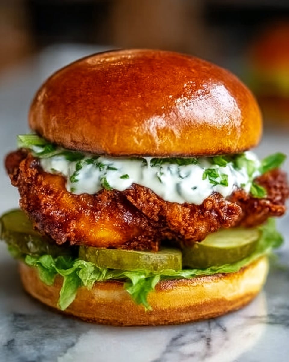A close-up view of a fried chicken sandwich with three main layers inside a soft, golden brown bun. The top bun is smooth and shiny. Under the bun, there is a layer of white creamy sauce spreading over a crisp, dark reddish-brown fried chicken fillet with a crunchy texture. Below the chicken, there are several bright green pickle slices layered over fresh, light green shredded lettuce. The sandwich sits on a dark surface with a soft-focused background. Photo taken with an iphone --ar 4:5 --v 7