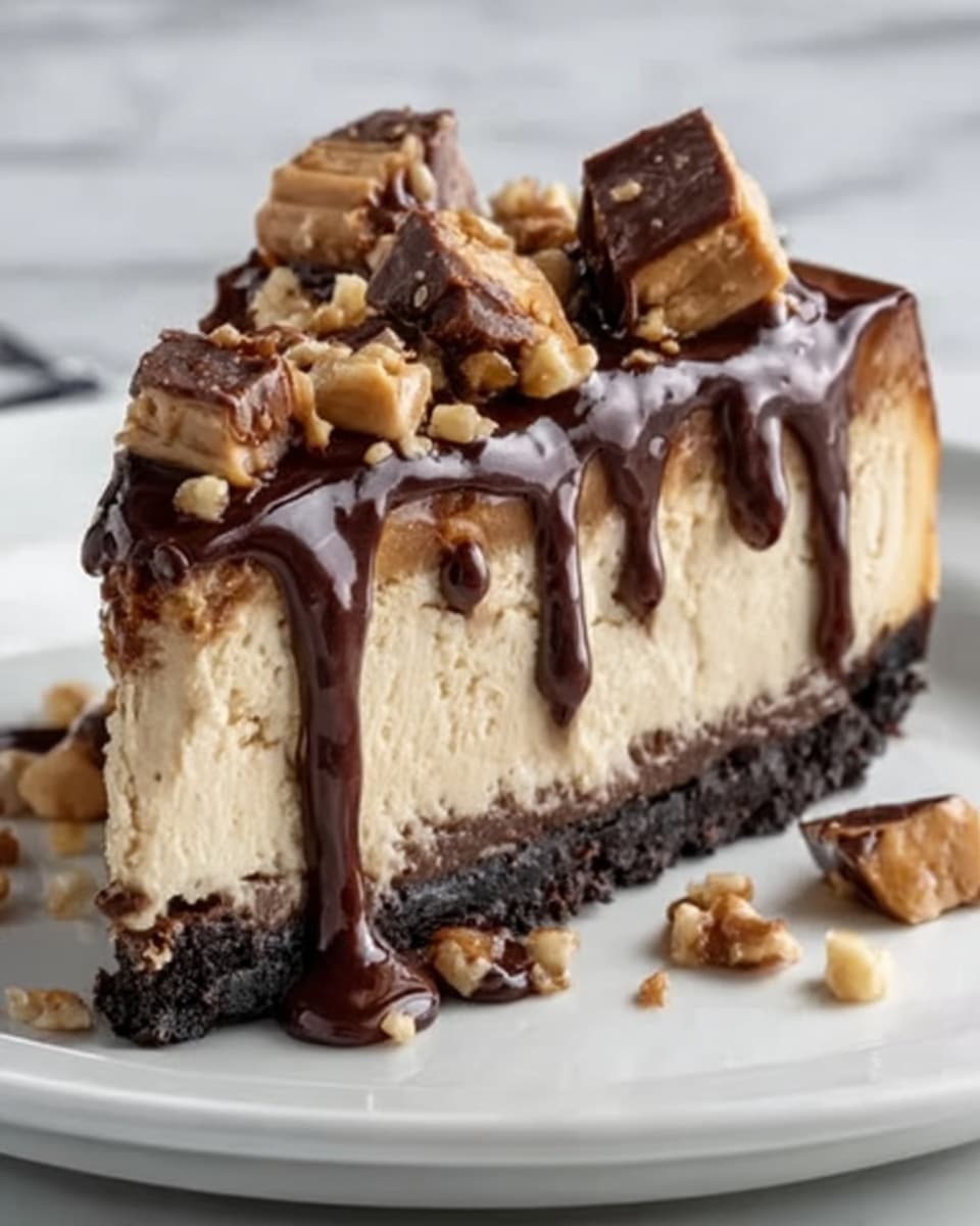 A slice of cheesecake with three main layers on a white plate, placed on a white marbled surface. The bottom layer is a dark, crumbly cookie crust. The middle layer is thick and pale cream-colored cheesecake with a smooth texture. The top layer is covered in glossy dark chocolate sauce that drips down the sides. On top, there are small pieces of chocolate with peanut butter filling and scattered chopped walnuts, adding texture and color. Photo taken with an iphone --ar 4:5 --v 7