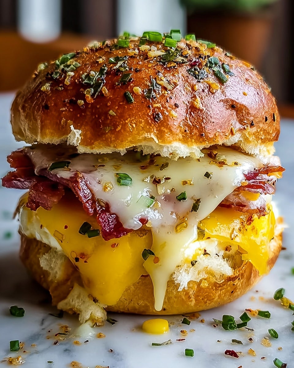 A close-up view of a burger with four visible layers stacked inside a shiny, toasted bun sprinkled with sesame seeds and green herbs on top. The bottom layer has a white bun base, followed by melted cheese that is bright yellow and slightly bubbly. Above this is a layer of crispy bacon cooked to a dark red-brown color with a slightly rough texture. Another layer of melted white cheese with a smooth texture drapes over more bacon. The top bun has a moist and soft inside with a golden-brown toasted exterior. There are small bits of seasoning sprinkled across the melted cheese and the bun, all set on a white marbled surface. photo taken with an iphone --ar 4:5 --v 7