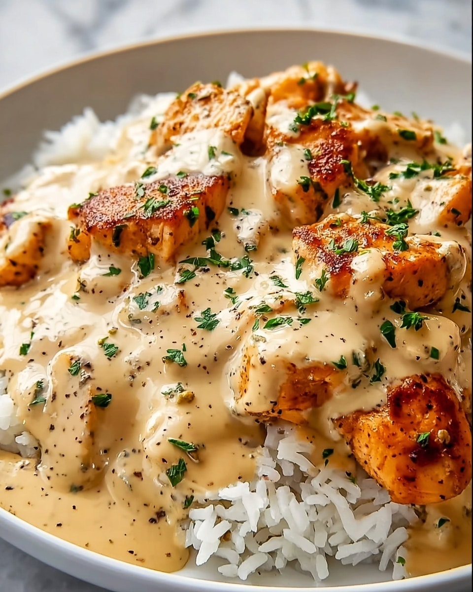 The dish shows a base layer of fluffy white rice with grains spread evenly across the plate. On top of the rice, there are cooked pieces of chicken with a golden brown color and slight charring, arranged closely together. The chicken pieces are covered in a creamy light yellow sauce with a smooth, thick texture. The sauce is sprinkled with small green herb pieces and black pepper flakes, adding contrast and detail to the dish. The plate is white and sits on a white marbled surface. photo taken with an iphone --ar 4:5 --v 7