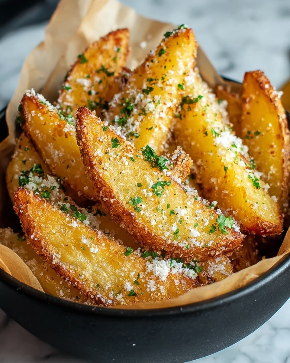 A close-up of a black speckled bowl filled with thick, golden potato wedges. The wedges have a crispy texture with a light sprinkle of white grated cheese and small green parsley bits scattered evenly on top. The bowl sits on a white marbled surface with soft natural light highlighting the warm, crunchy texture of the wedges. photo taken with an iphone --ar 4:5 --v 7