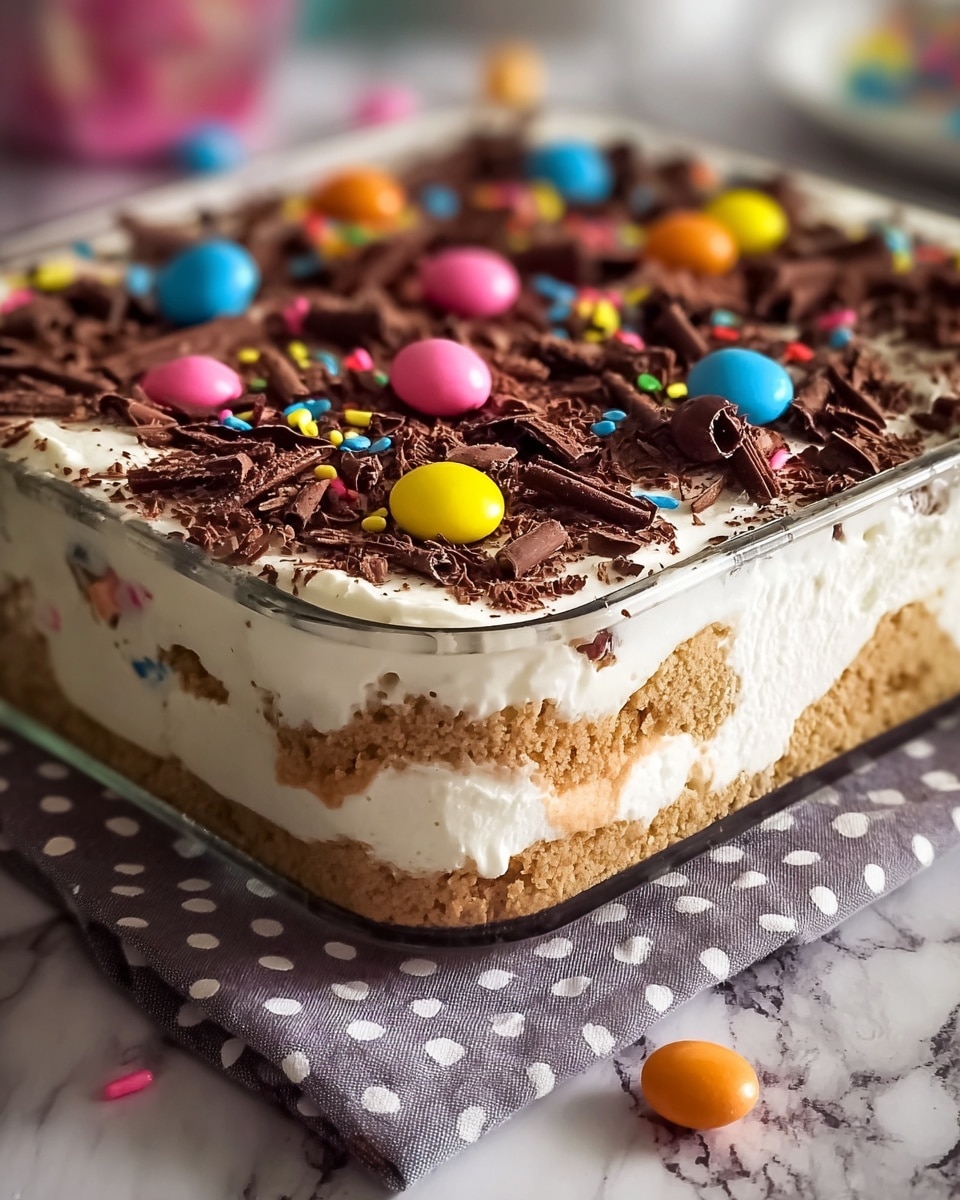 A square glass dish filled with a layered dessert showing at least three layers: a light cream layer, a brown cake or cookie layer mixed in between the cream, and topped with a thick white whipped cream layer. The top is decorated with colorful candy-coated eggs in blue, yellow, orange, and pink, along with dark chocolate shavings and multicolored rainbow sprinkles. The dish is placed on a white marbled surface with a dotted cloth partially visible underneath. Photo taken with an iphone --ar 4:5 --v 7