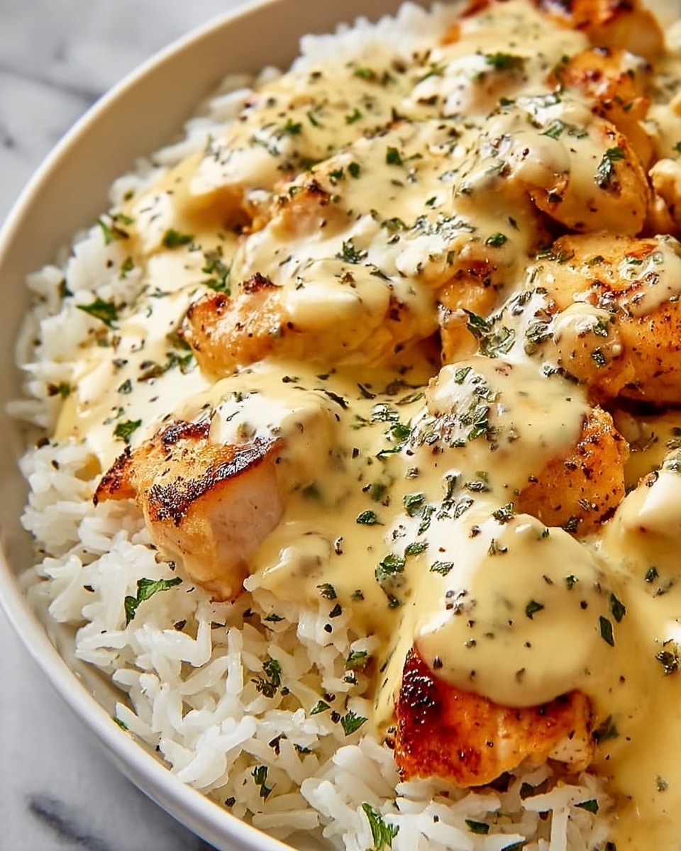 A close-up image of a white plate filled with cooked white rice as the base layer, showing individual grains clearly. On top of the rice are several pieces of grilled, golden-brown chicken with slight char marks, adding texture and warmth. The chicken is covered with a creamy, light beige sauce that has a smooth and glossy texture, generously spread over the meat. Small bits of green herbs, likely chives, are sprinkled across the sauce, along with a few specks of black pepper for contrast. The background is a white marbled texture, enhancing the dish's colors. Photo taken with an iphone --ar 4:5 --v 7