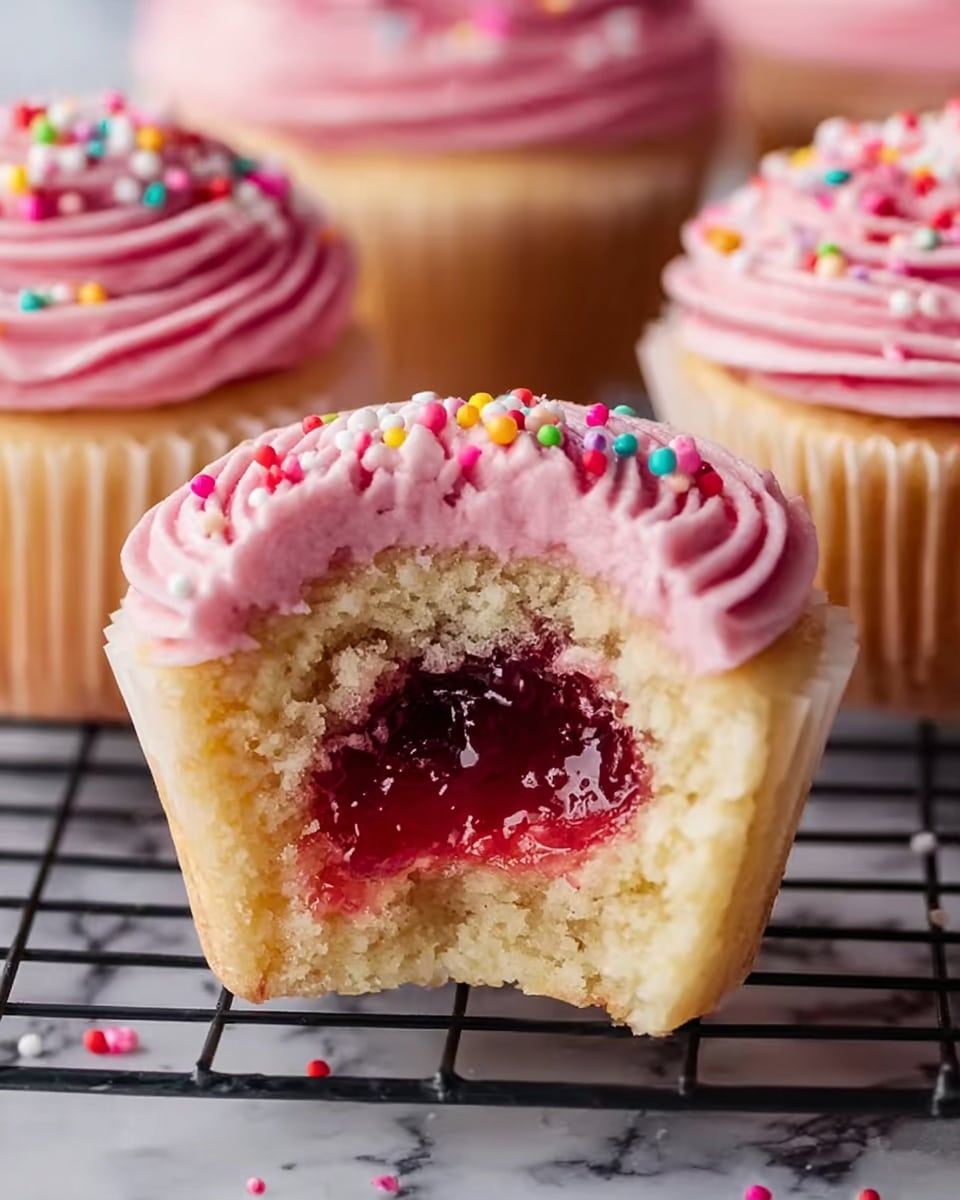 A close-up view of a cupcake with three visible layers: the outer layer is light golden cake that forms the base and sides; inside, there is a thick, glossy red jelly filling; the top layer is swirled smooth pink frosting with a creamy texture, decorated with multicolored round sprinkles in shades of pink, orange, yellow, blue, and purple. The cupcake sits on a wire cooling rack with other similarly frosted cupcakes blurred in the background, all placed on a white marbled surface. photo taken with an iphone --ar 4:5 --v 7