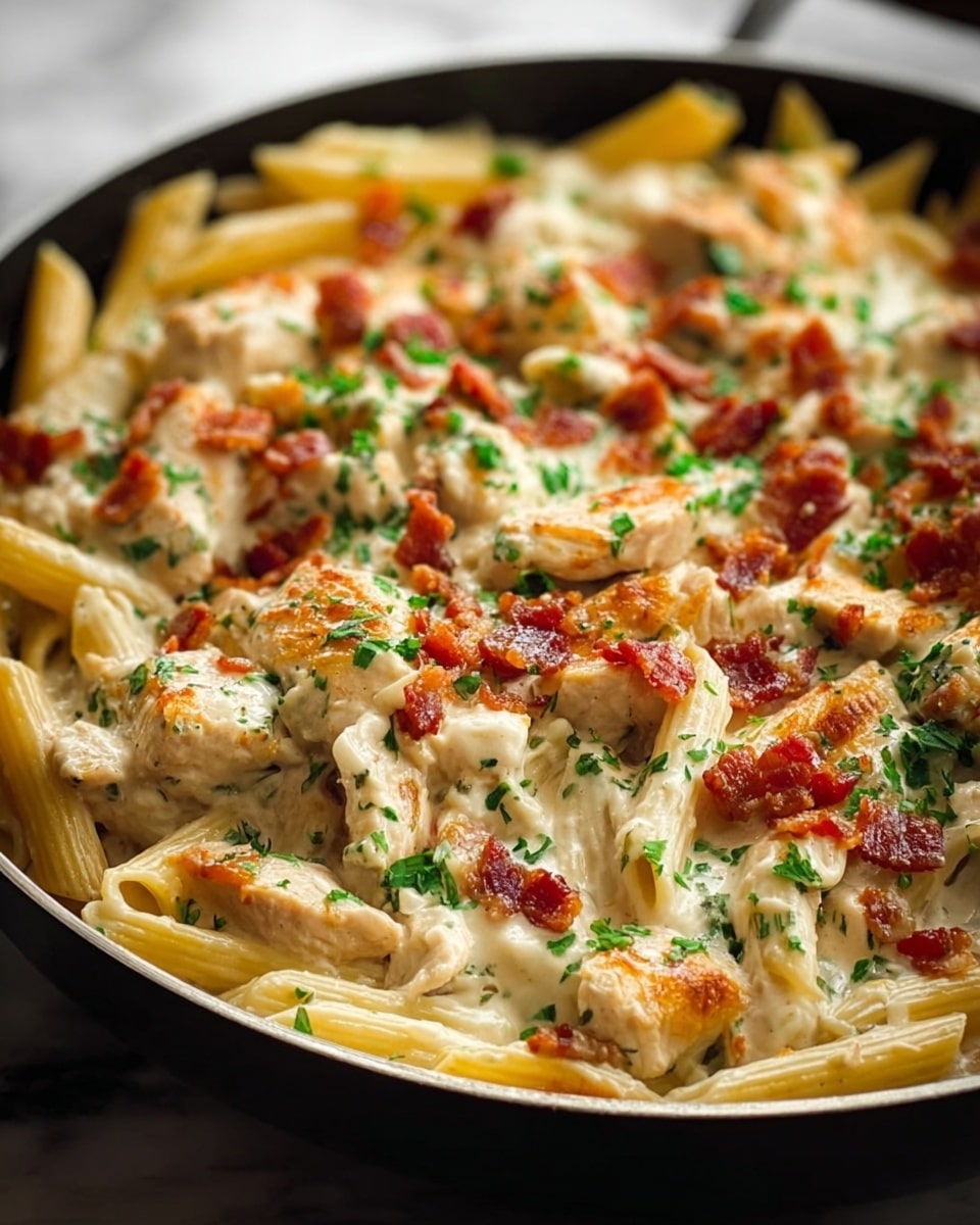 A close-up view of a white pan filled with a creamy pasta dish made of three main layers: at the base, golden yellow cooked penne pasta, on top, chunks of grilled light brown chicken mixed with a rich white creamy sauce speckled with black pepper, and scattered all over, crispy reddish-brown bacon bits and fresh dark green chopped parsley. The creamy sauce coats the pasta and chicken evenly, creating a smooth texture with small herbs visible. The pan is placed on a white marbled surface. photo taken with an iphone --ar 4:5 --v 7