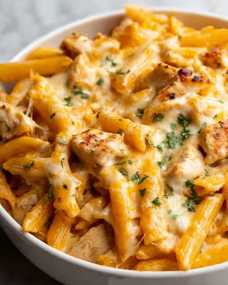 The dish shows a close-up of cooked penne pasta mixed with small pieces of grilled chicken. The pasta is coated in a creamy orange-colored sauce, topped with melted cheese that is slightly browned in places, and sprinkled with chopped green herbs. The texture of the sauce looks smooth and creamy, while the chicken pieces are tender and slightly browned. The dish is served in a white bowl, placed on a white marbled surface. Photo taken with an iphone --ar 4:5 --v 7