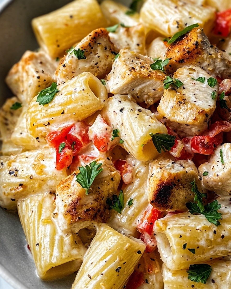The image shows a close-up of rigatoni pasta coated in a creamy, white sauce, mixed with chunks of grilled chicken that have a light golden brown color with some char marks, and pieces of bright red roasted bell pepper. The dish is garnished with fresh, chopped green parsley sprinkled evenly on top, adding a touch of color and freshness. The texture of the sauce looks smooth and slightly thick, clinging to the ridged pasta and chicken. The surface beneath the dish is a white marbled texture. photo taken with an iphone --ar 4:5 --v 7