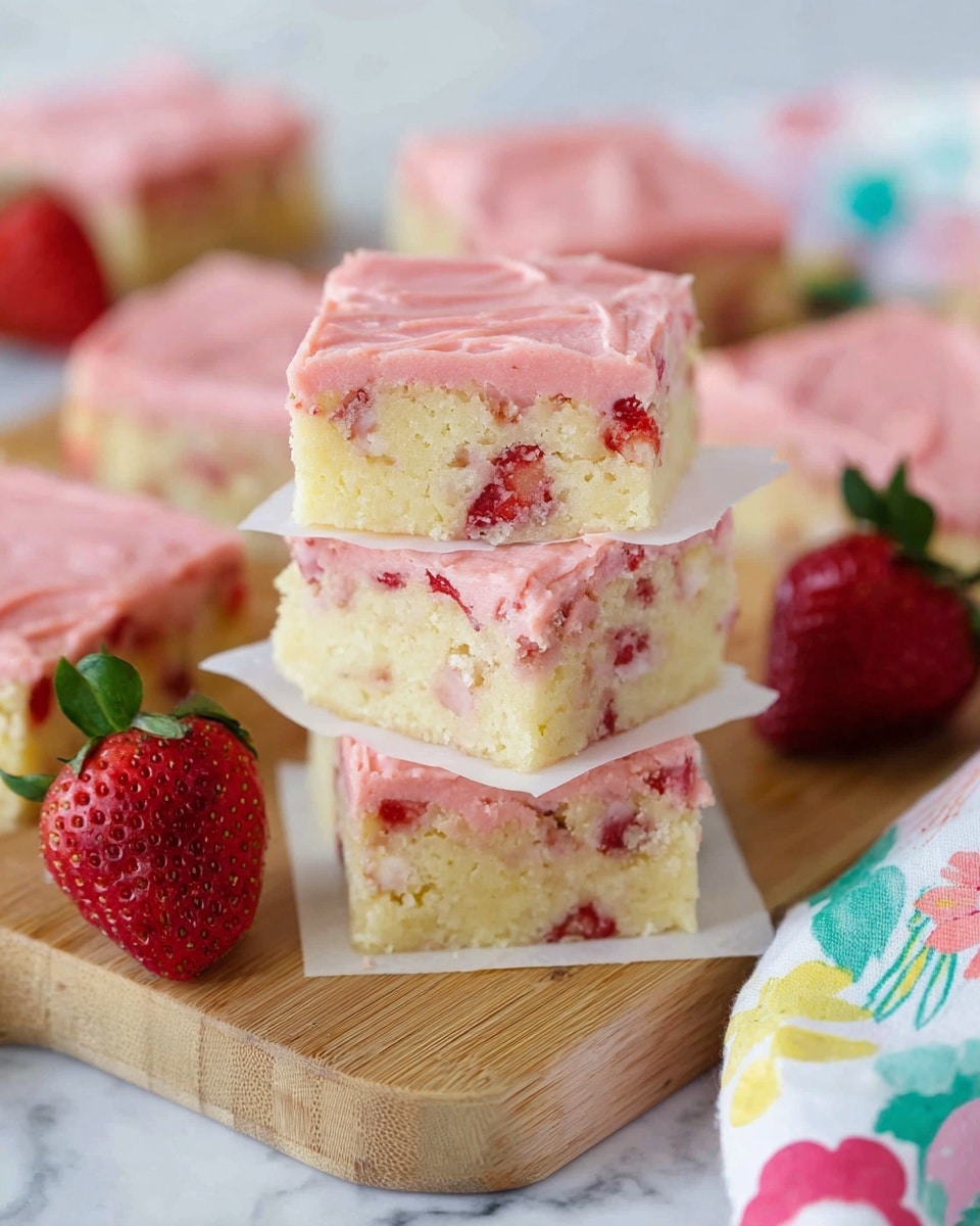 A stack of four square bars with three thin white parchment paper layers between each bar sits on a light wooden board. Each bar has a creamy, pale yellow base filled with small chunks of red strawberries and is topped with a layer of soft, pink strawberry frosting with a slightly swirled texture. Surrounding the stack are more of these strawberry bars, along with several whole strawberries. A colorful cloth with floral patterns rests nearby on a white marbled surface in the background. photo taken with an iphone --ar 4:5 --v 7