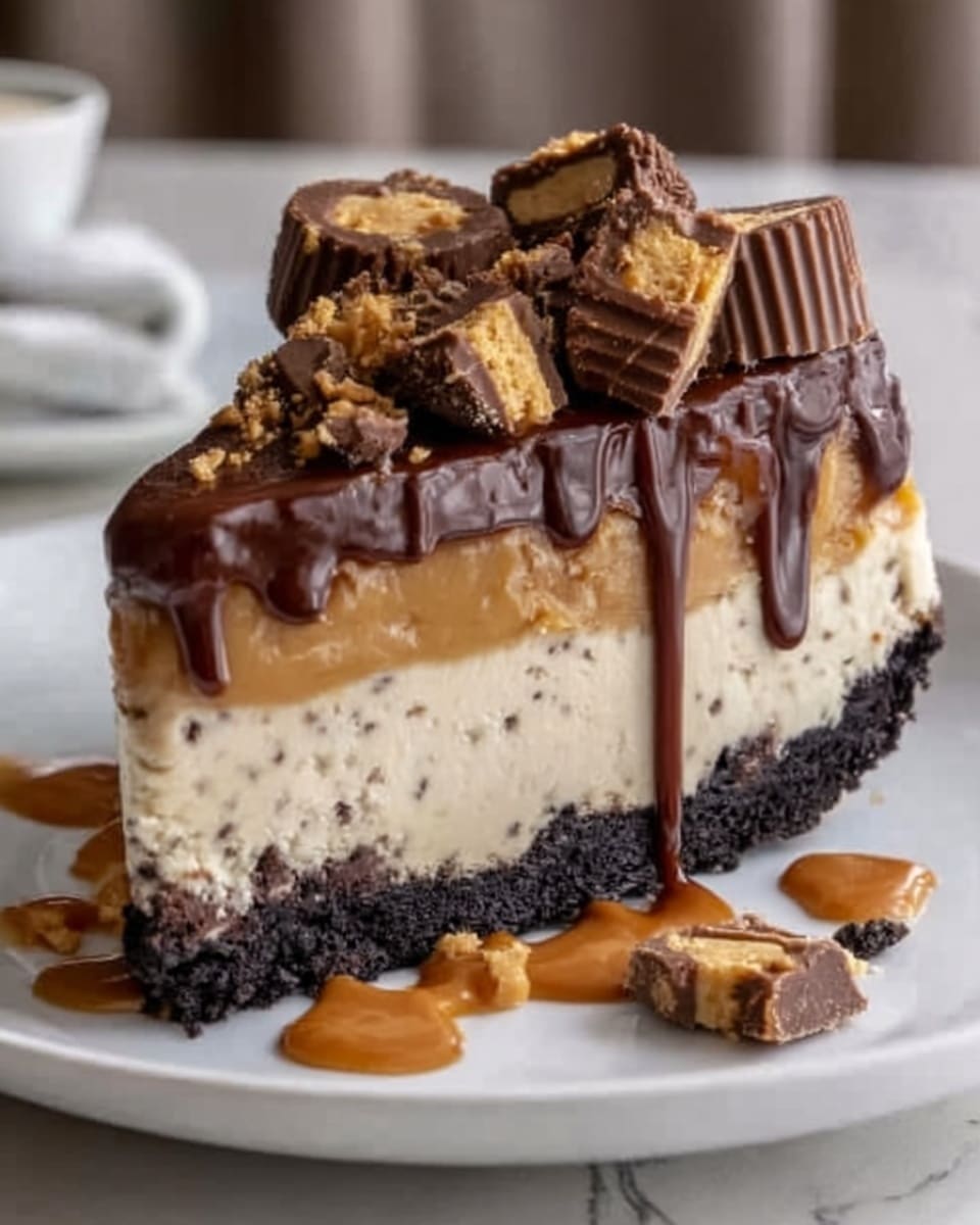 The image shows a slice of layered dessert on a white plate with a white marbled surface background. The bottom layer is a dark, crumbly crust. Above it is a thick creamy beige layer that looks smooth and dense. On top of this is a thick caramel layer, rich in golden color and slightly glossy. Dark chocolate sauce drips down from the top, covering most of the slice. Various chunks of chocolate candy and cookie crumbs are scattered on top, adding texture and color contrast. Photo taken with an iphone --ar 4:5 --v 7