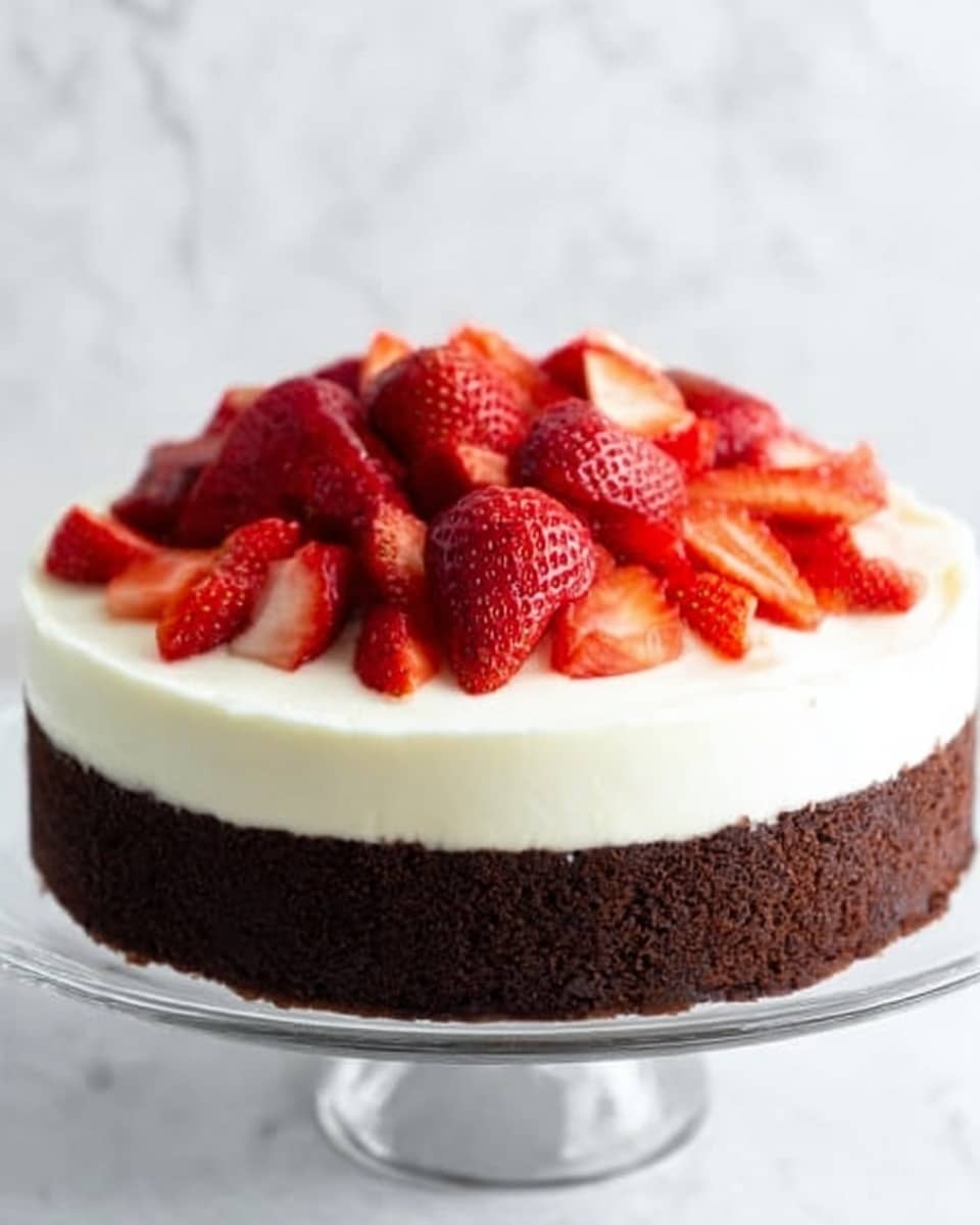 A close-up of a three-layer round cake on a white marbled surface. The bottom layer is thick and dark brown, with a rich, dense texture suggesting chocolate. Above it is a thick white cream layer, smooth and even, covering the entire cake top. The top layer consists of fresh red strawberries, some sliced and some whole, piled loosely in the center. The strawberries add a bright, natural red color with a glossy texture from their juice. The cake sits on a silver base against a blurred white marbled background. photo taken with an iphone --ar 4:5 --v 7