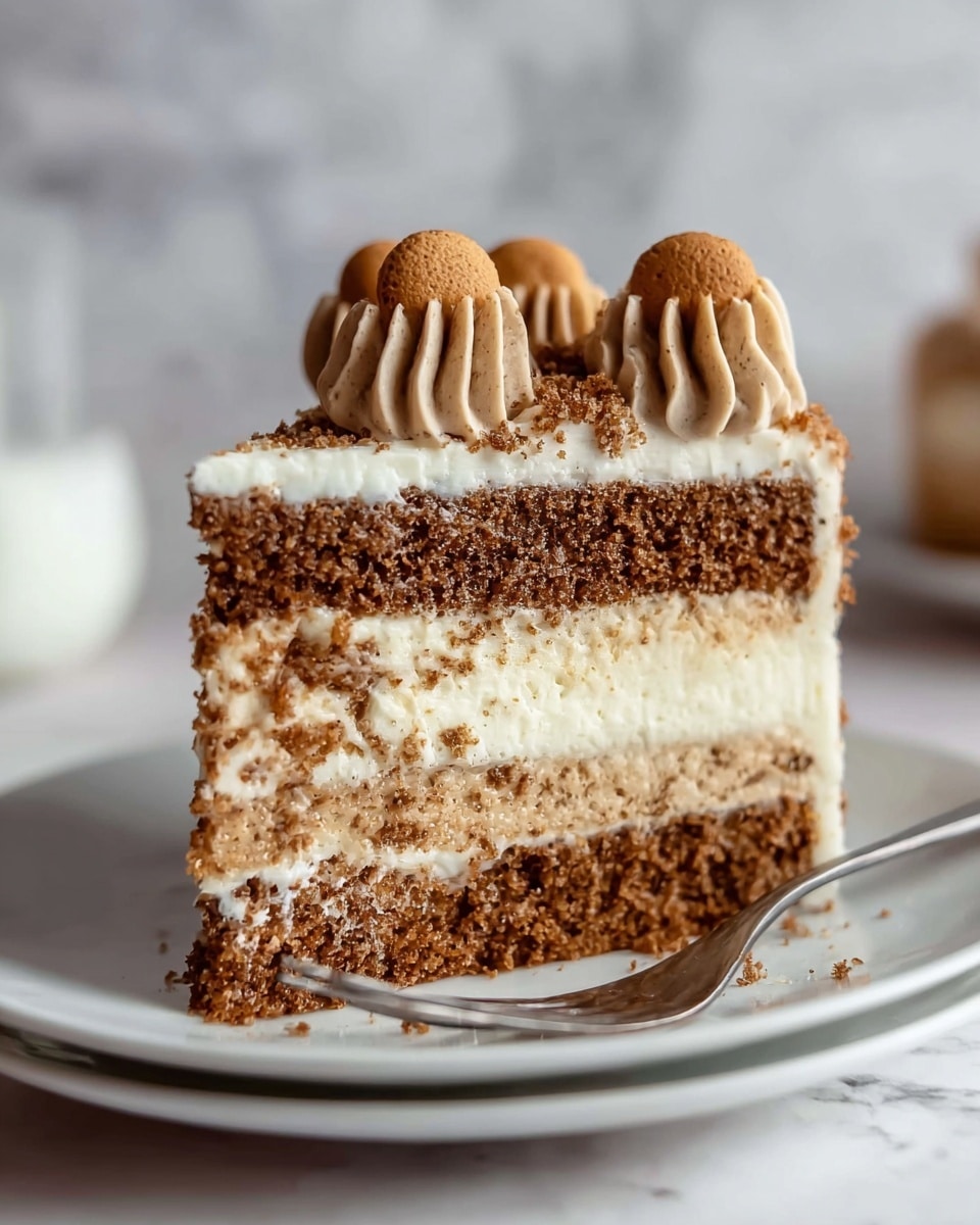 A slice of layered cake is shown on a white plate with a silver fork beside it. The cake has three main layers: the bottom and middle layers are thick and brown with a crumbly texture, and between them is a thick white creamy layer. On top, there is another white creamy layer with smaller chunks visible inside. The edges of the top and sides are coated with fine brown crumbs. The cake is decorated with swirls of light brown frosting on top, and a small round cookie is placed standing in the frosting. The whole scene sits on a white marbled surface. photo taken with an iphone --ar 4:5 --v 7