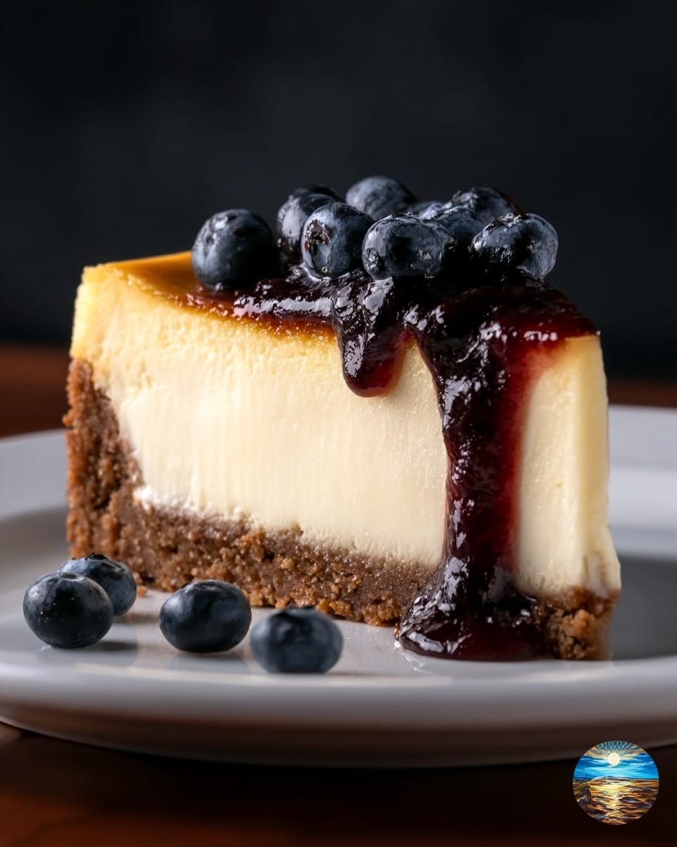 A slice of cheesecake is shown on a white plate with three distinct layers. The bottom layer is a thick, brown and crumbly crust. Above it, the middle layer is a smooth, creamy, pale yellow cheesecake filling with a soft texture. On top, there is a shiny, dark red berry sauce that drips down the side of the cheesecake, topped with a pile of fresh, plump blueberries. A few extra blueberries rest on the plate near the cheesecake. The plate is set against a black background, with the surface changed to a white marbled texture. photo taken with an iphone --ar 4:5 --v 7