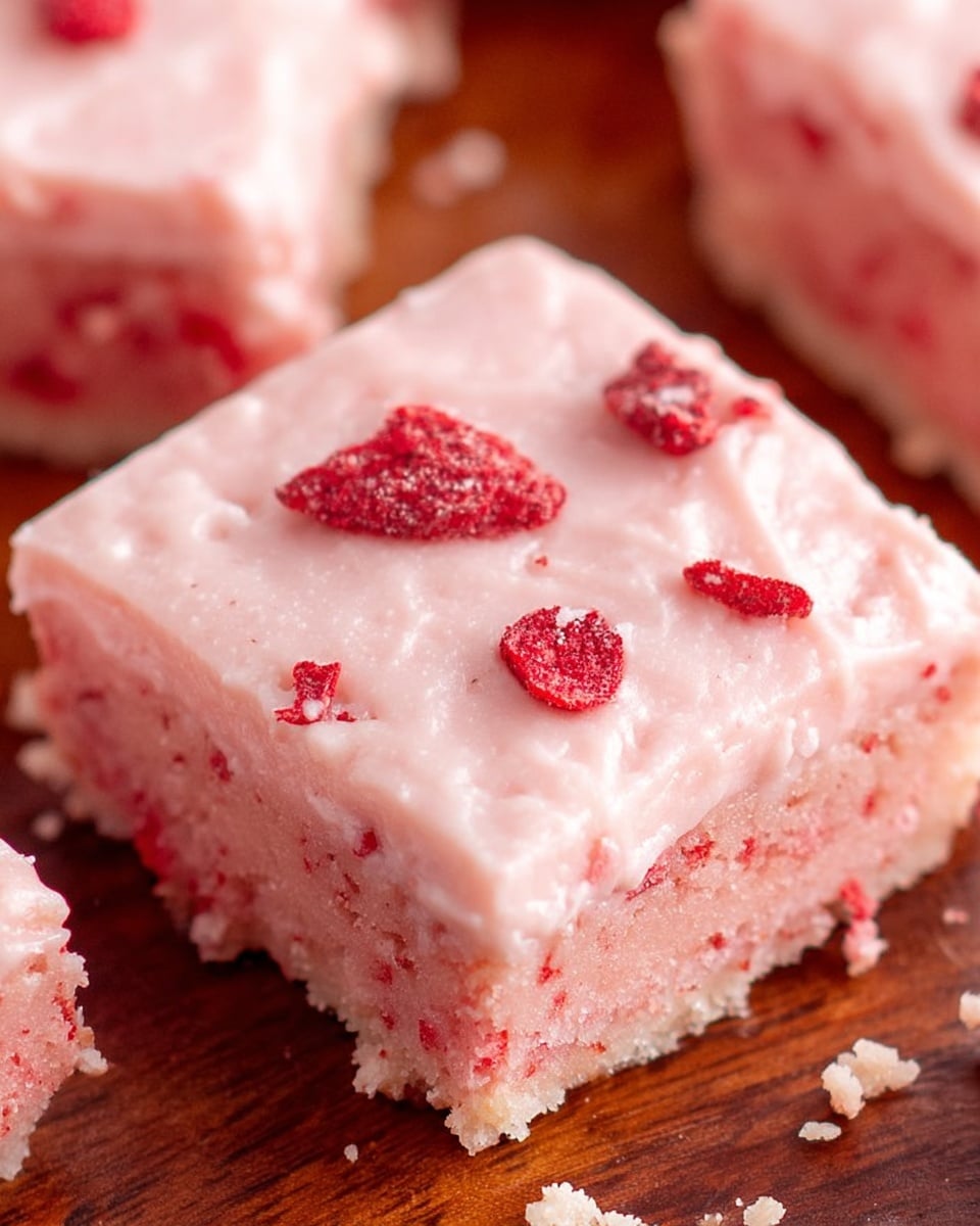 The image shows several square pieces of a pink dessert with two main layers. The bottom layer is a darker pink with a moist texture. The top layer is a lighter pink, creamy frosting that covers the whole surface smoothly. Small red crumb-like bits are scattered on top of the frosting, adding a rough texture and a pop of color. The dessert pieces rest closely together on a brown wooden surface. The focus is sharp on the central square piece, highlighting the contrast between the frosting and cake layers. photo taken with an iphone --ar 4:5 --v 7
