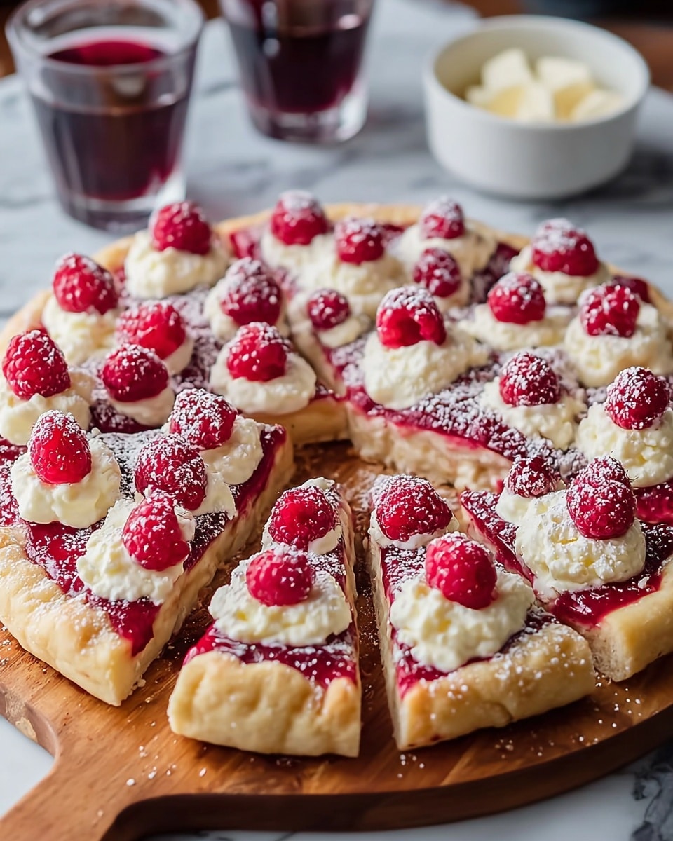 A round dessert pizza with a thick golden-brown crust dusted lightly with powdered sugar forms the base layer. On top, there is a smooth, bright red raspberry jam spread evenly over the crust. Scattered across the jam are fresh, whole red raspberries adding a bright and juicy texture. The topmost layer consists of dollops of creamy white ricotta cheese, placed generously across the surface creating a soft contrast against the red raspberries and jam. The pizza is cut into eight slices and sits on a light wooden serving board, set on a white marbled surface. Photo taken with an iphone --ar 4:5 --v 7