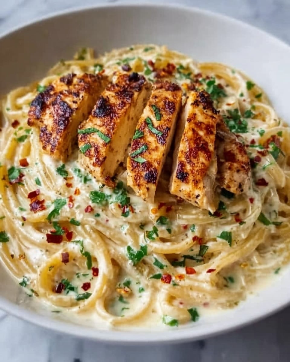 The image shows a white plate filled with creamy spaghetti pasta as the base layer, light beige in color with a smooth, slightly shiny texture. On top of the pasta, there are three grilled chicken breasts sliced diagonally, with a golden brown, charred crust and some visible herbs. Small bits of red chili flakes and green parsley are sprinkled over the dish, adding spots of red and green colors. The dish looks rich and well-seasoned, placed on a white marbled surface. Photo taken with an iphone --ar 4:5 --v 7
