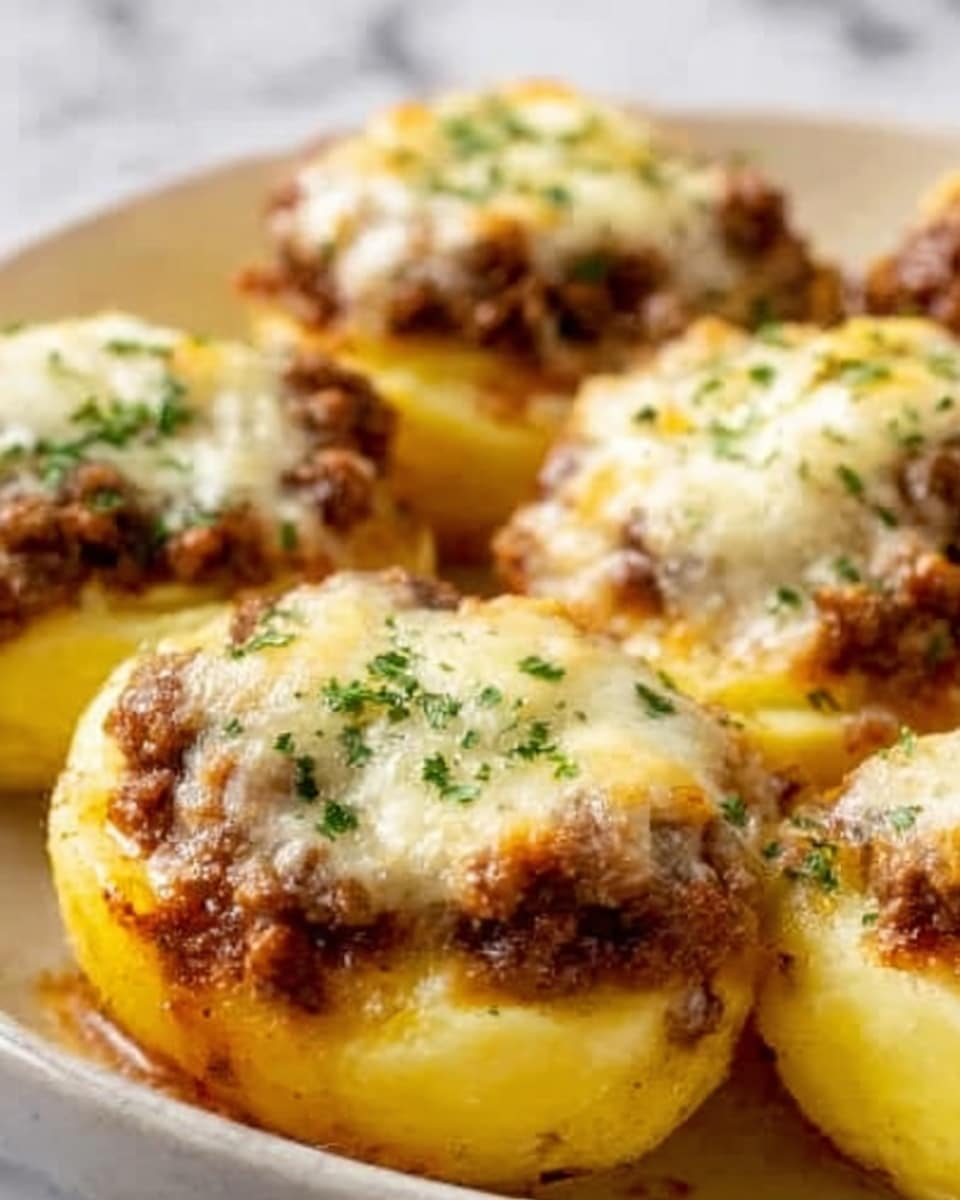 The image shows four stuffed baked potato halves arranged closely on a white plate. Each potato half has a golden-yellow inside topped with a thick layer of cooked minced meat, which is dark brown and crumbly. On top of the meat, there is a melted layer of creamy white cheese, slightly browned in spots, sprinkled with small green herb pieces. The texture of the potato is smooth around the edges, and the overall look is warm, rich, and inviting. The background is a white marbled surface. Photo taken with an iphone --ar 4:5 --v 7