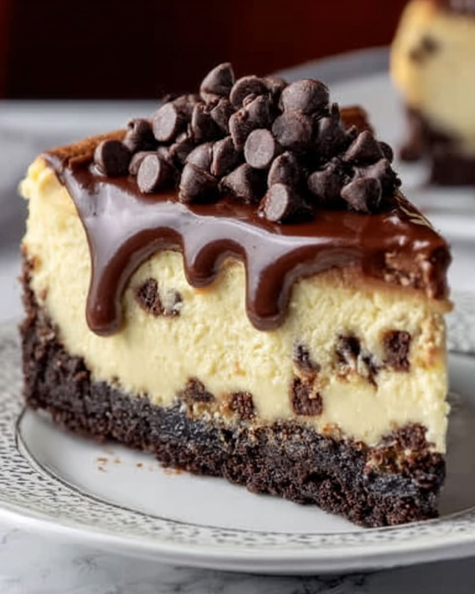 The image shows a close-up slice of cheesecake on a white plate with a patterned rim, set on a white marbled surface. The cheesecake has three layers: the bottom layer is dark brown and crumbly, likely made of crushed cookies or chocolate crust; the middle layer is thick, creamy, and pale yellow with some chocolate bits mixed in; the top layer is a smooth, glossy chocolate ganache that drips slightly down the side, topped with a pile of shiny dark chocolate chips. The lighting highlights the creamy texture and rich chocolate topping, creating a delicious and inviting look. Photo taken with an iphone --ar 4:5 --v 7