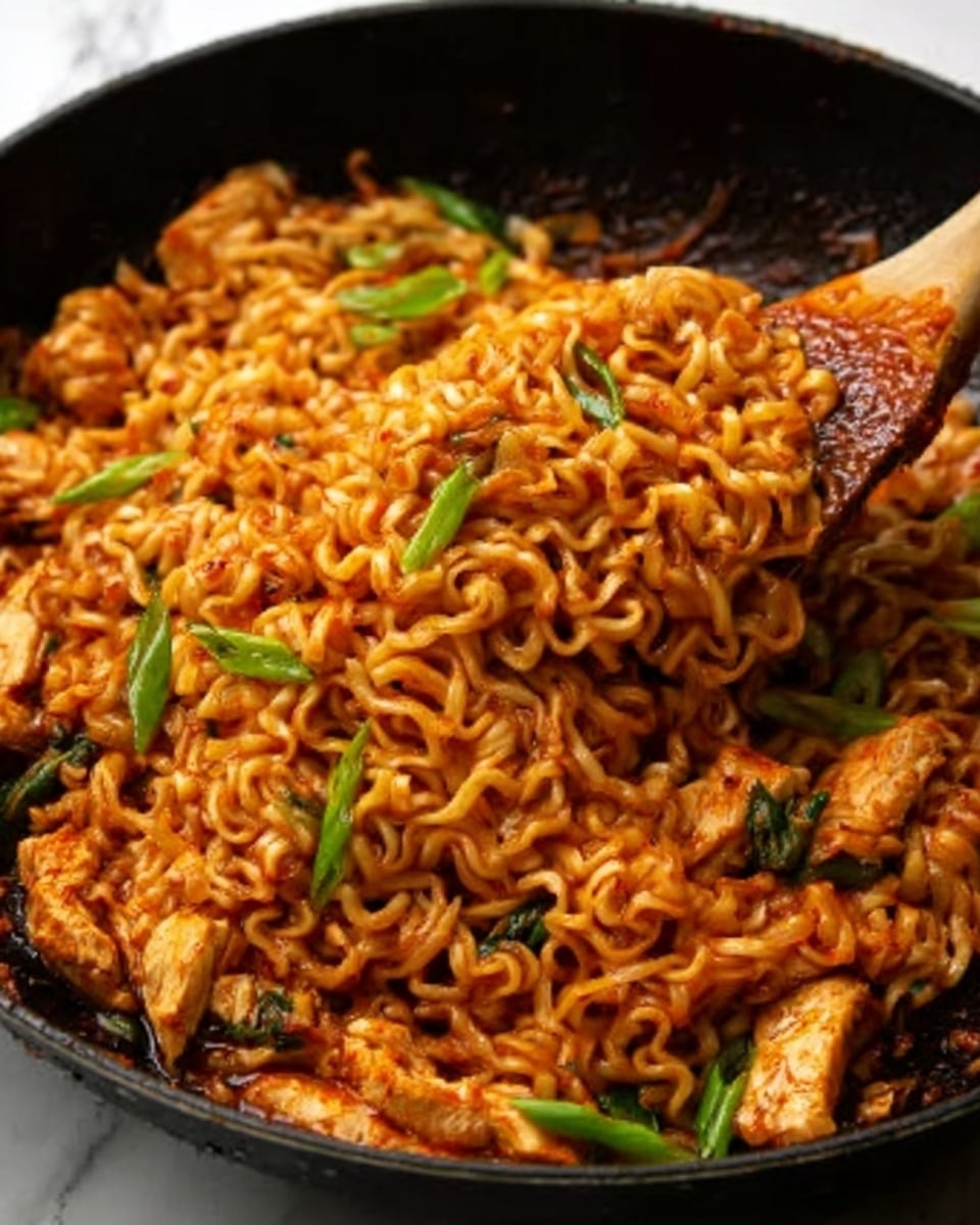 The image shows a close-up of a pan filled with cooked noodles mixed with pieces of chicken and green herbs on top. The noodles are a golden-brown color with a glossy texture from the sauce, and the chicken pieces are light brown and scattered evenly through the dish. Green herbs are sprinkled on top to add a fresh touch, and a wooden spoon is lifting some noodles to show their springy texture. The pan sits on a white marbled surface. Photo taken with an iphone --ar 4:5 --v 7