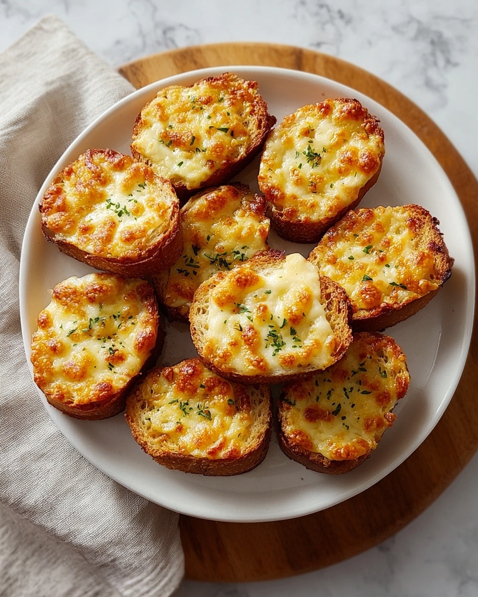 The image shows nine pieces of toasted bread arranged in a circle on a white plate. Each bread slice has a thick layer of melted, golden-brown cheese on top, with some spots darker from baking. The cheese looks bubbly and rich, slightly overflowing the edges of the bread. Small green herb sprinkles are scattered on the cheese, adding a touch of color. The plate is placed over a wooden board on a white marbled surface, with a bit of grey cloth visible on the side. Photo taken with an iphone --ar 4:5 --v 7