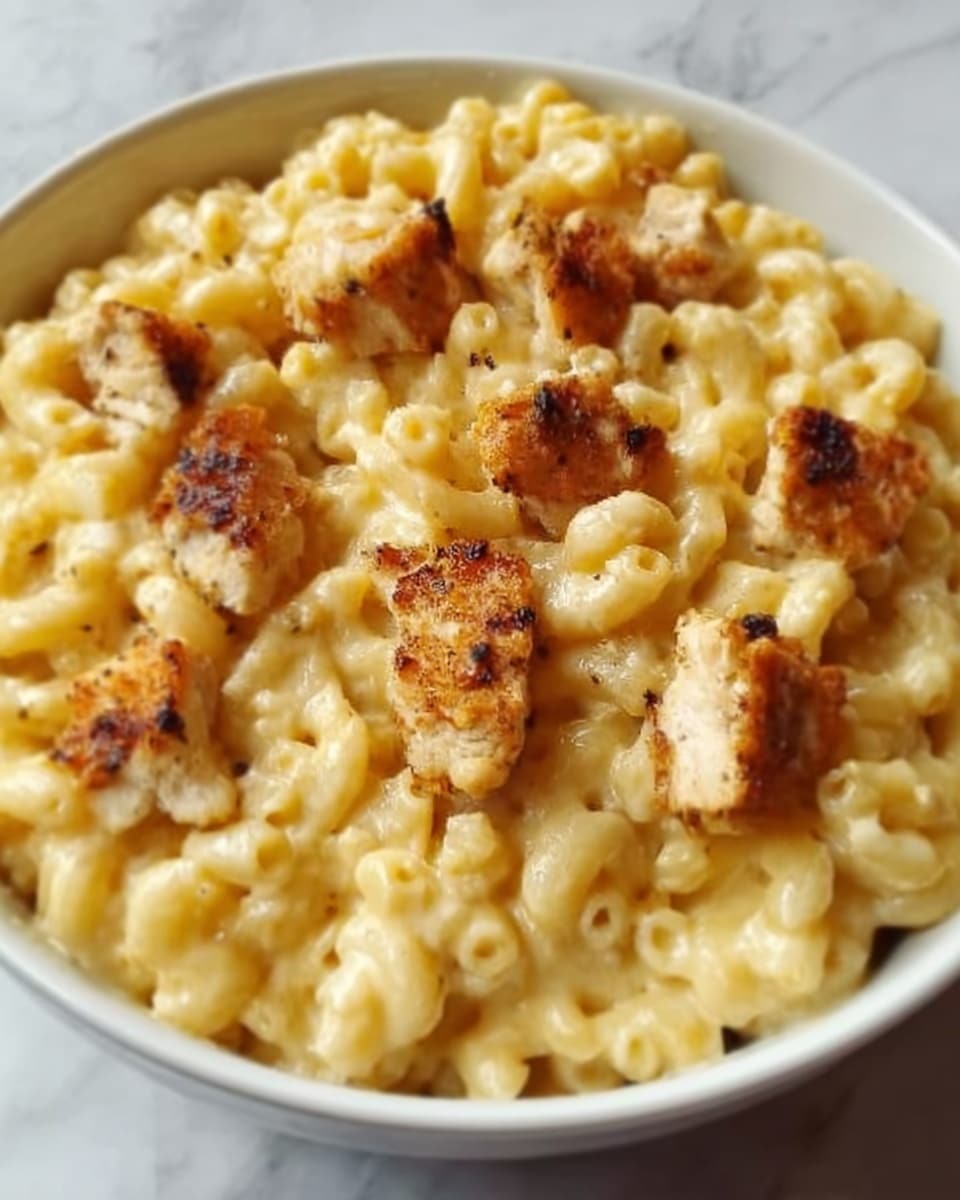 The image shows a close-up of a white bowl filled with creamy macaroni and cheese topped with small, browned pieces of grilled chicken. The macaroni is a pale yellow color with a smooth, cheesy texture, and the chicken pieces are unevenly cut with a golden-brown outside and slight charring. The dish looks warm and hearty, set against a white marbled texture background. photo taken with an iphone --ar 4:5 --v 7