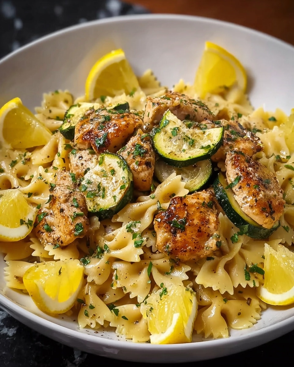 A close-up of a white plate filled with three layers; the bottom layer is light yellow bowtie pasta, soft and slightly shiny. The middle layer consists of grilled chicken pieces with a golden-brown crispy texture mixed with thin slices of green zucchini cooked lightly. The top layer has four bright yellow lemon wedges placed evenly around the plate and some chopped green herbs sprinkled across everything. The plate rests on a white marbled texture surface. Photo taken with an iphone --ar 4:5 --v 7