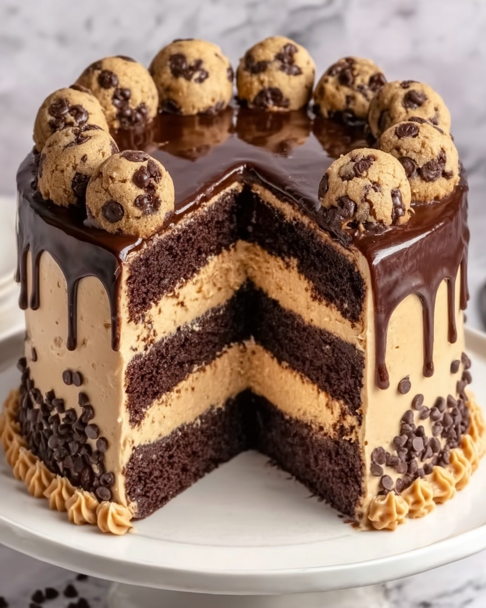 The image shows a four-layer chocolate cake with dark brown cake layers separated by creamy, light brown peanut butter filling that has a smooth texture. The outside of the cake is covered in light brown peanut butter frosting, decorated with small chocolate chips around the bottom edge. On top, there is a thick layer of glossy dark chocolate ganache dripping slightly down the sides. Seven chocolate chip cookies are placed evenly on top around the edge. The cake is on a white plate set on a white marbled surface. photo taken with an iphone --ar 4:5 --v 7